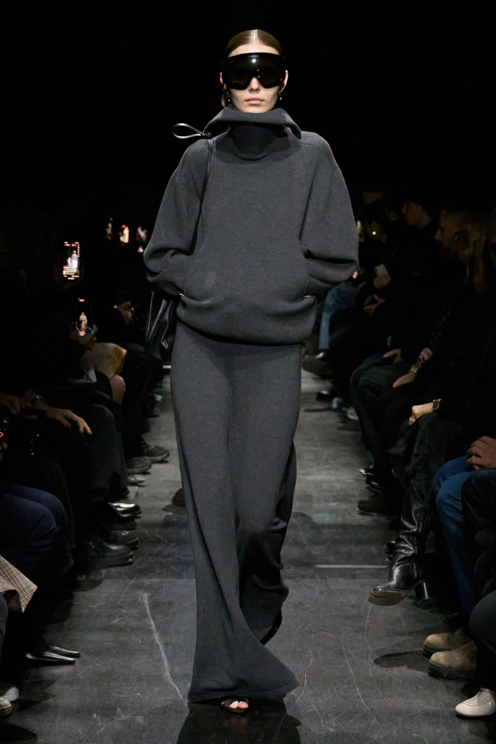 gray wool long-sleeve high-neck relaxed straight-leg maxi dress