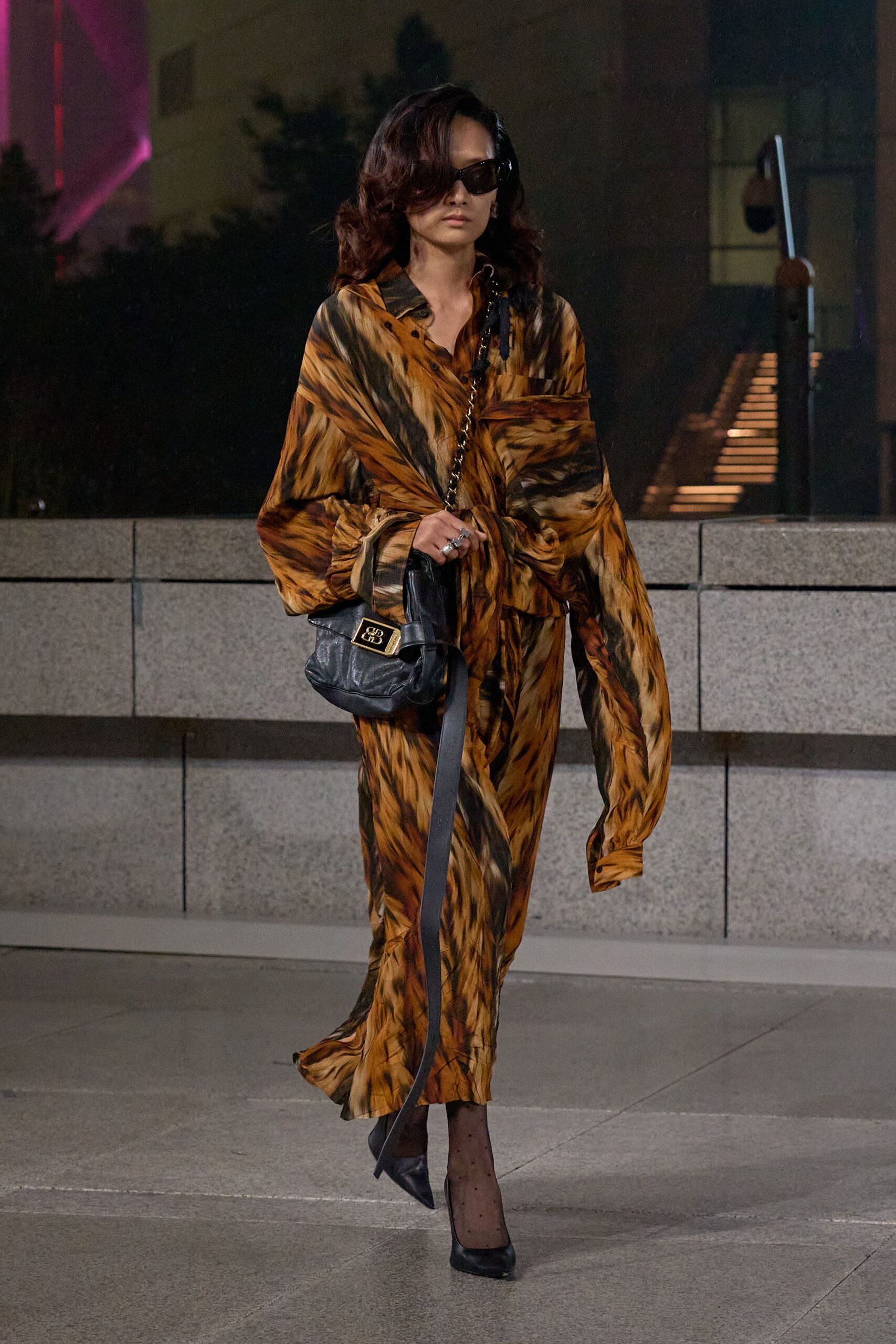 brown silk long-sleeve collared relaxed printed maxi dress