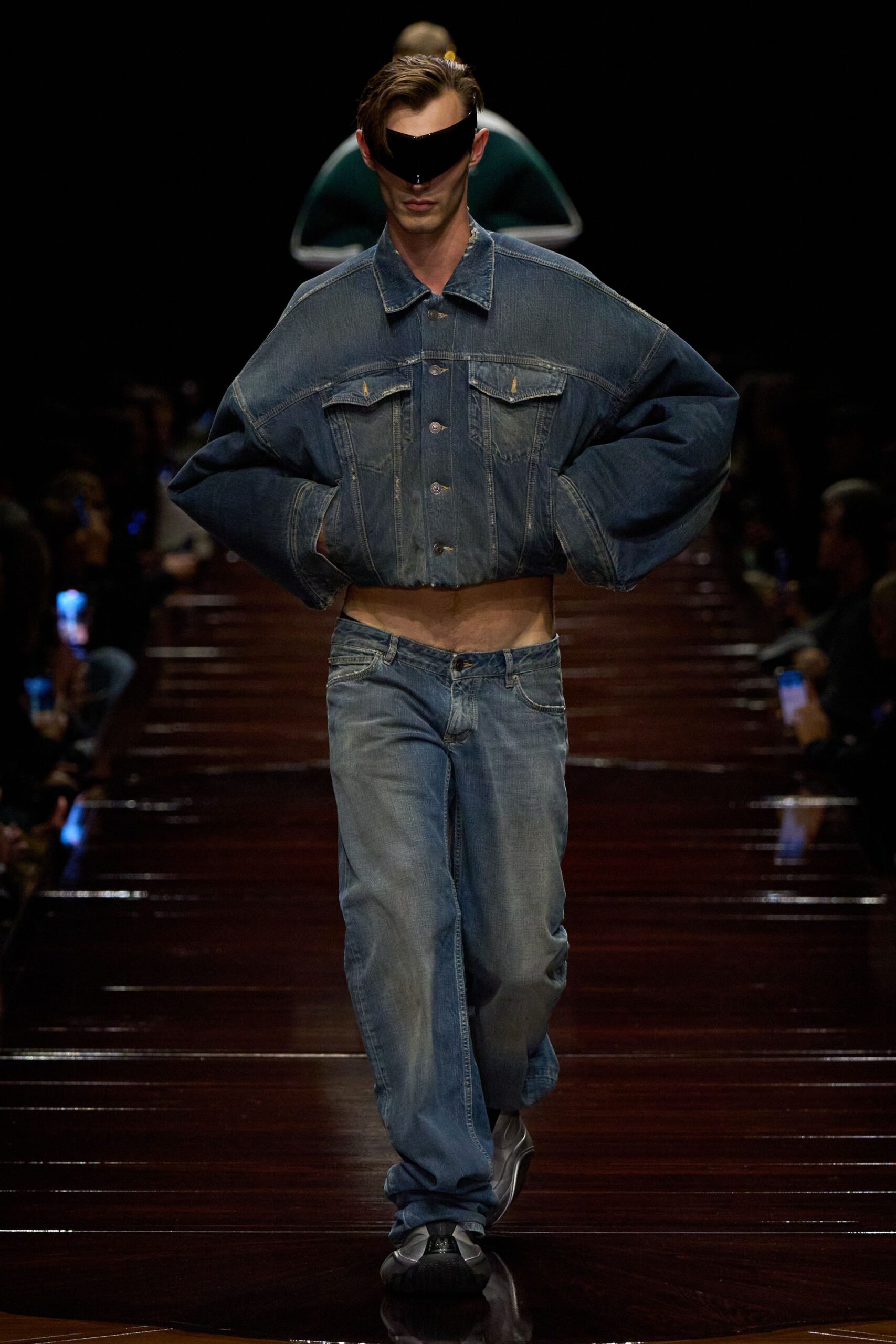 blue denim long-sleeve collared oversized buttoned cropped jacket