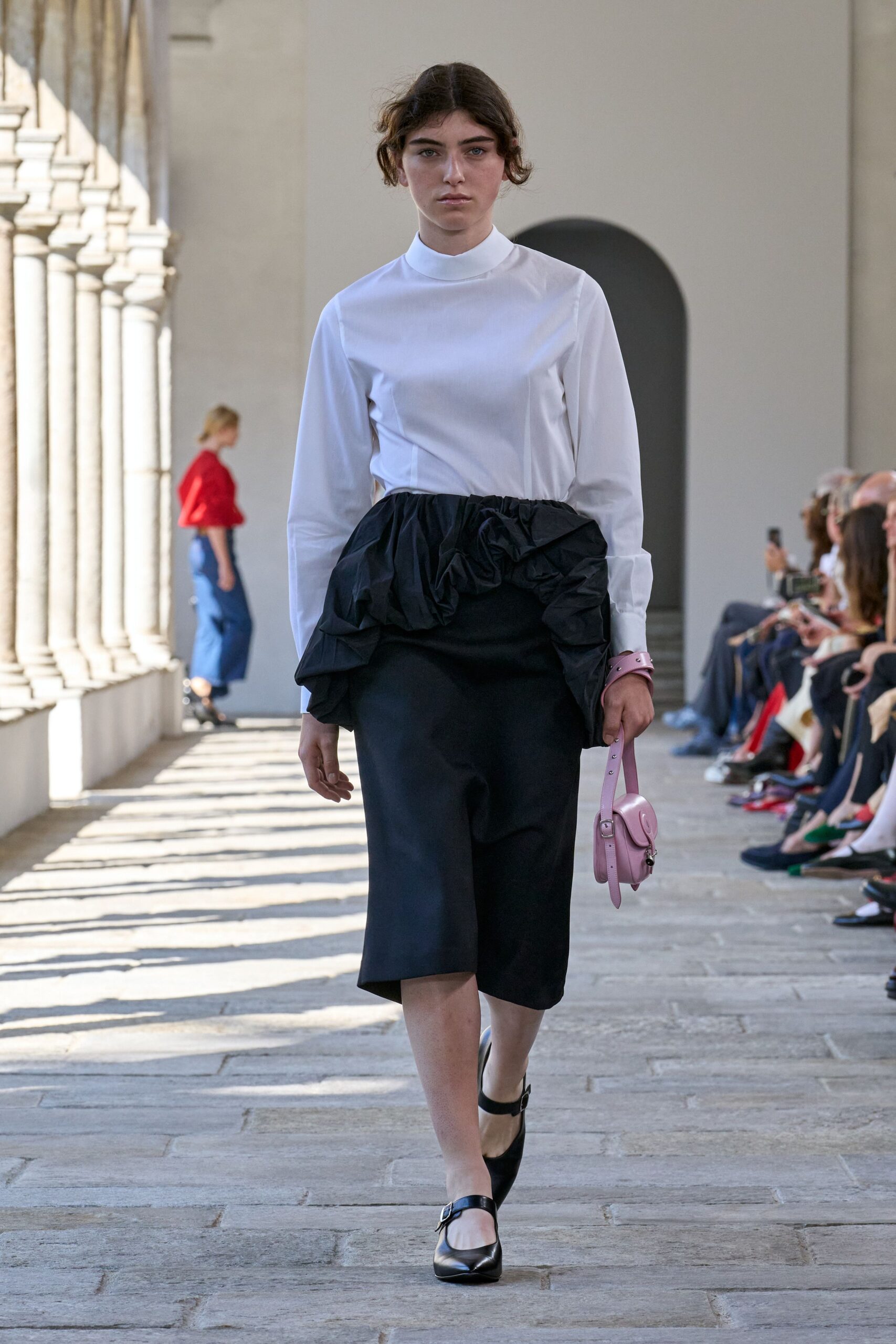 white shirt black skirt