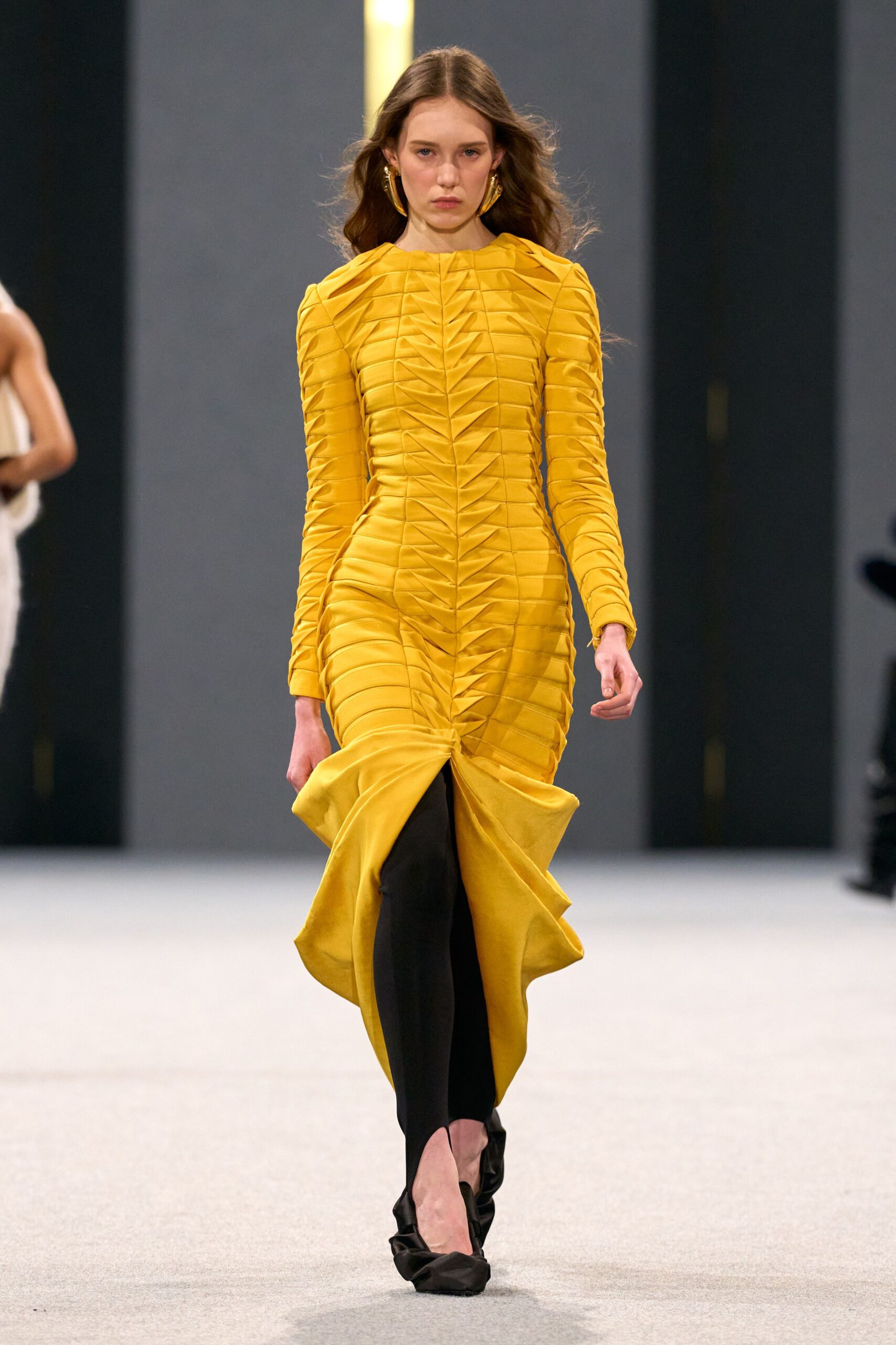 yellow silk long-sleeve high-neck fitted ruched draped dress