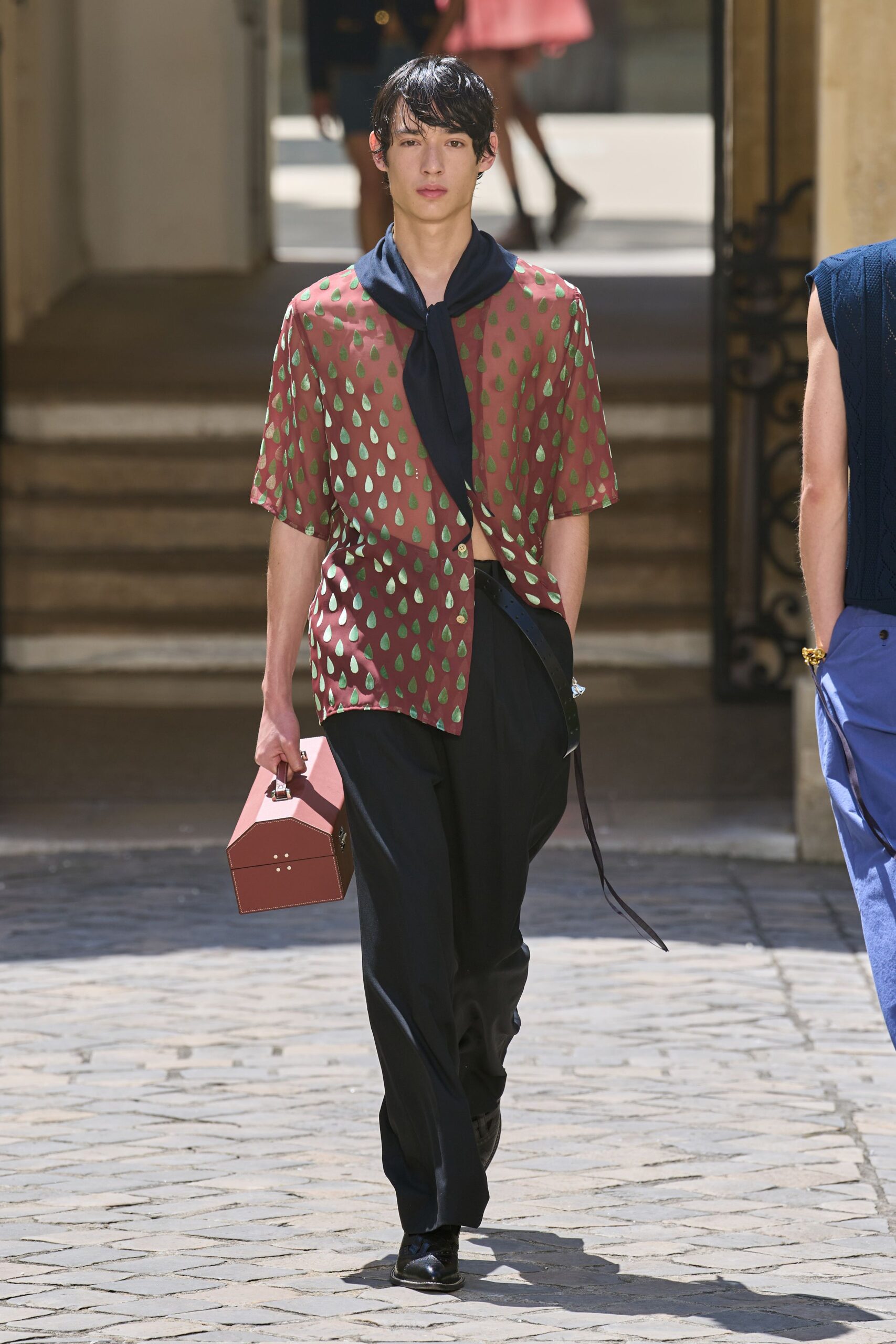 relaxed red printed shirt with black pants
