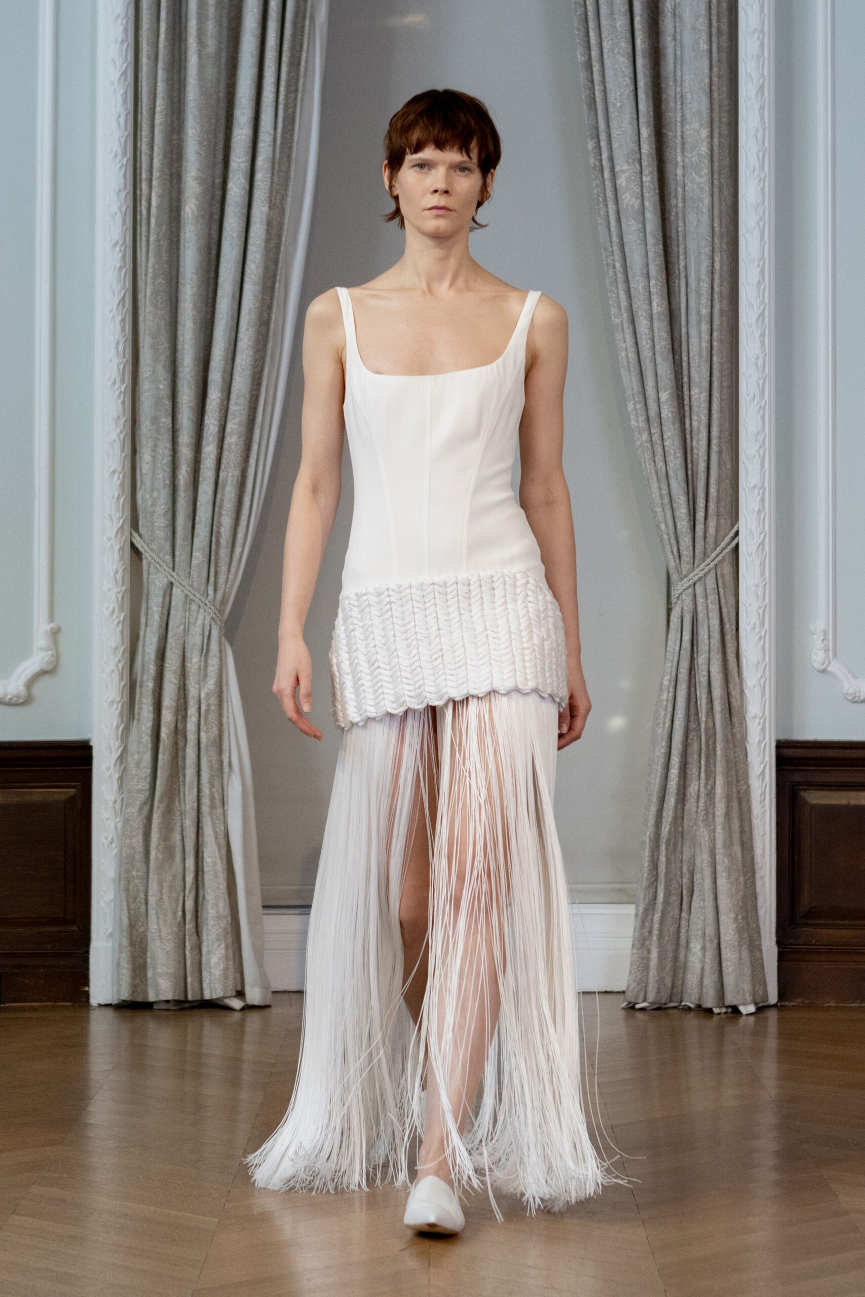 white fitted maxi dress with fringe