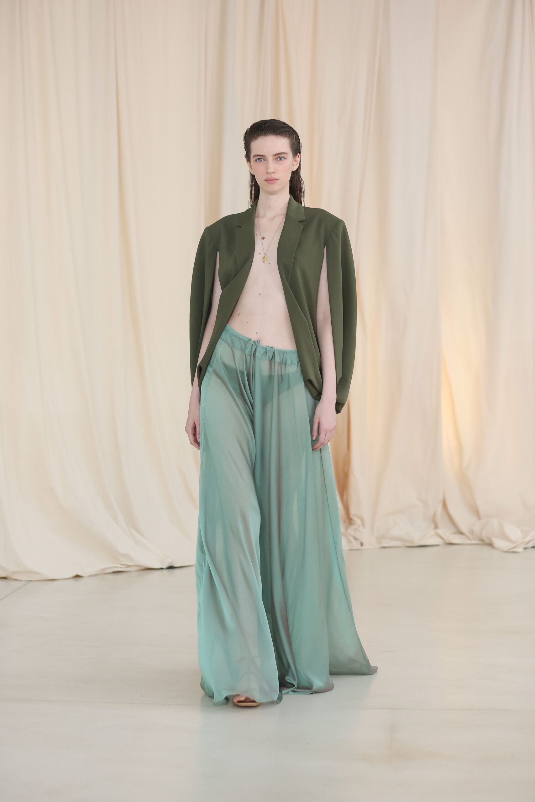 blue silk relaxed wide-leg draped sheer flowing pants