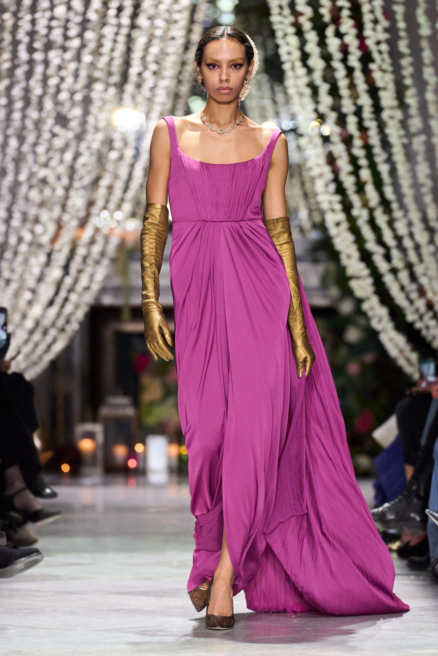 pink silk sleeveless v-neck fitted draped flowing gown