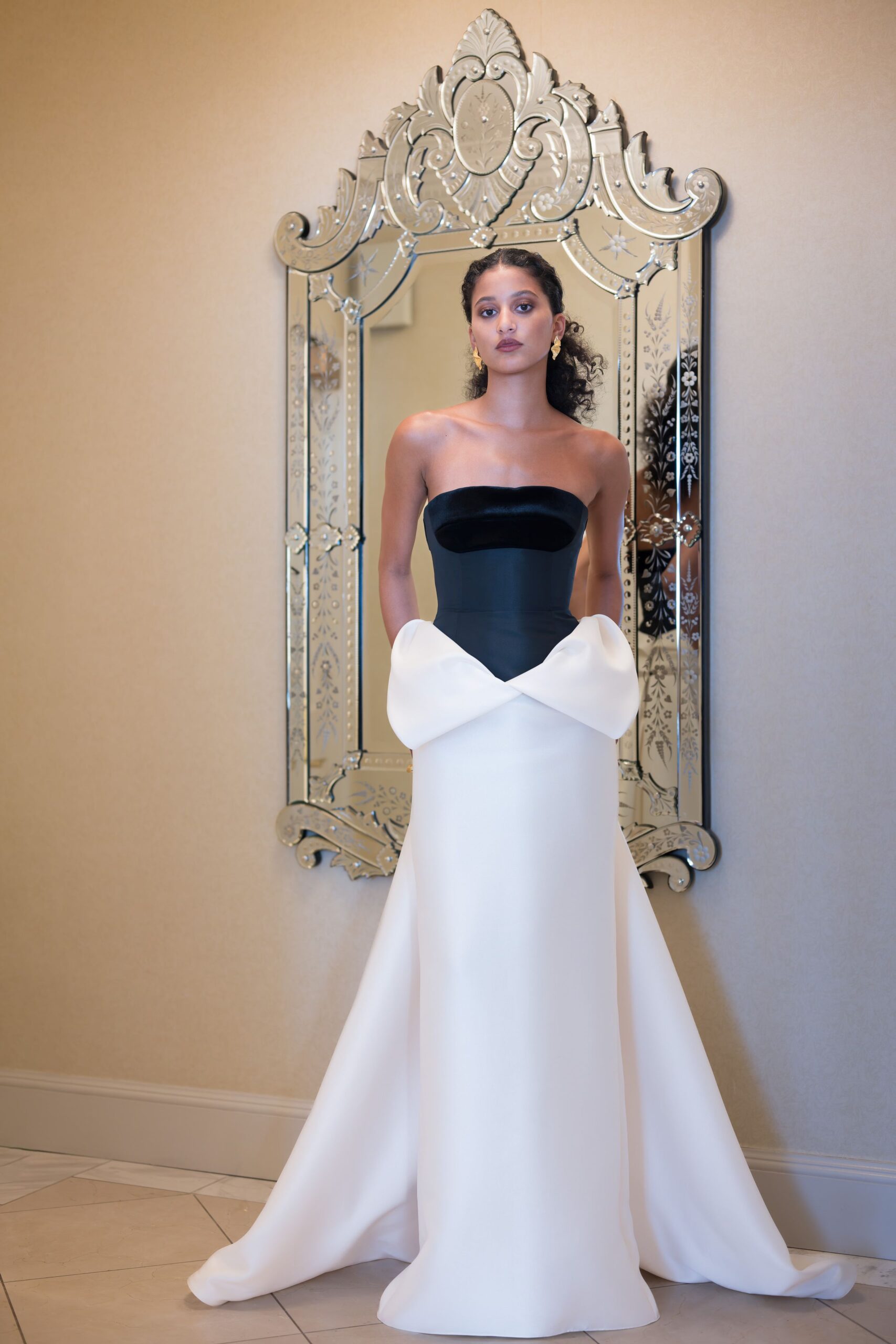black and white strapless gown
