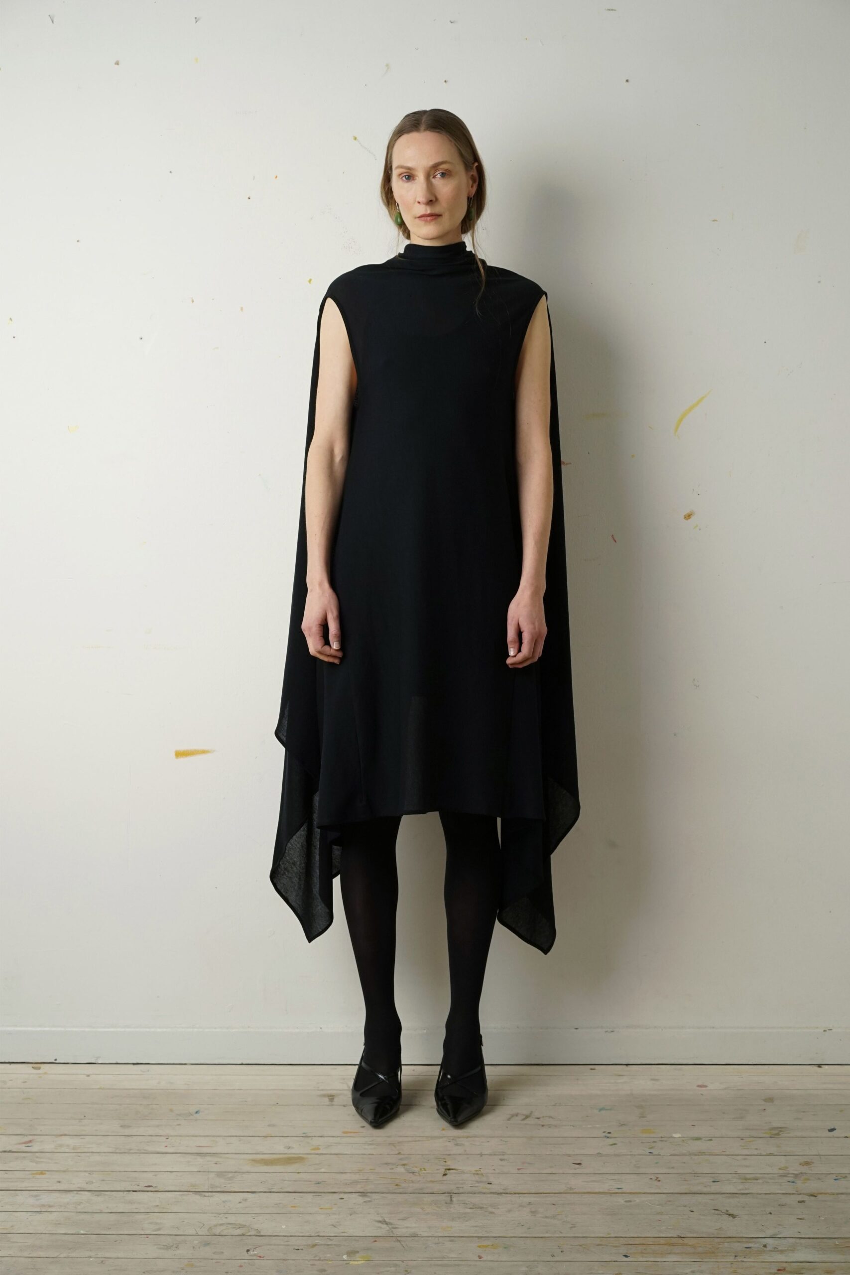 black asymmetric midi dress with shoes