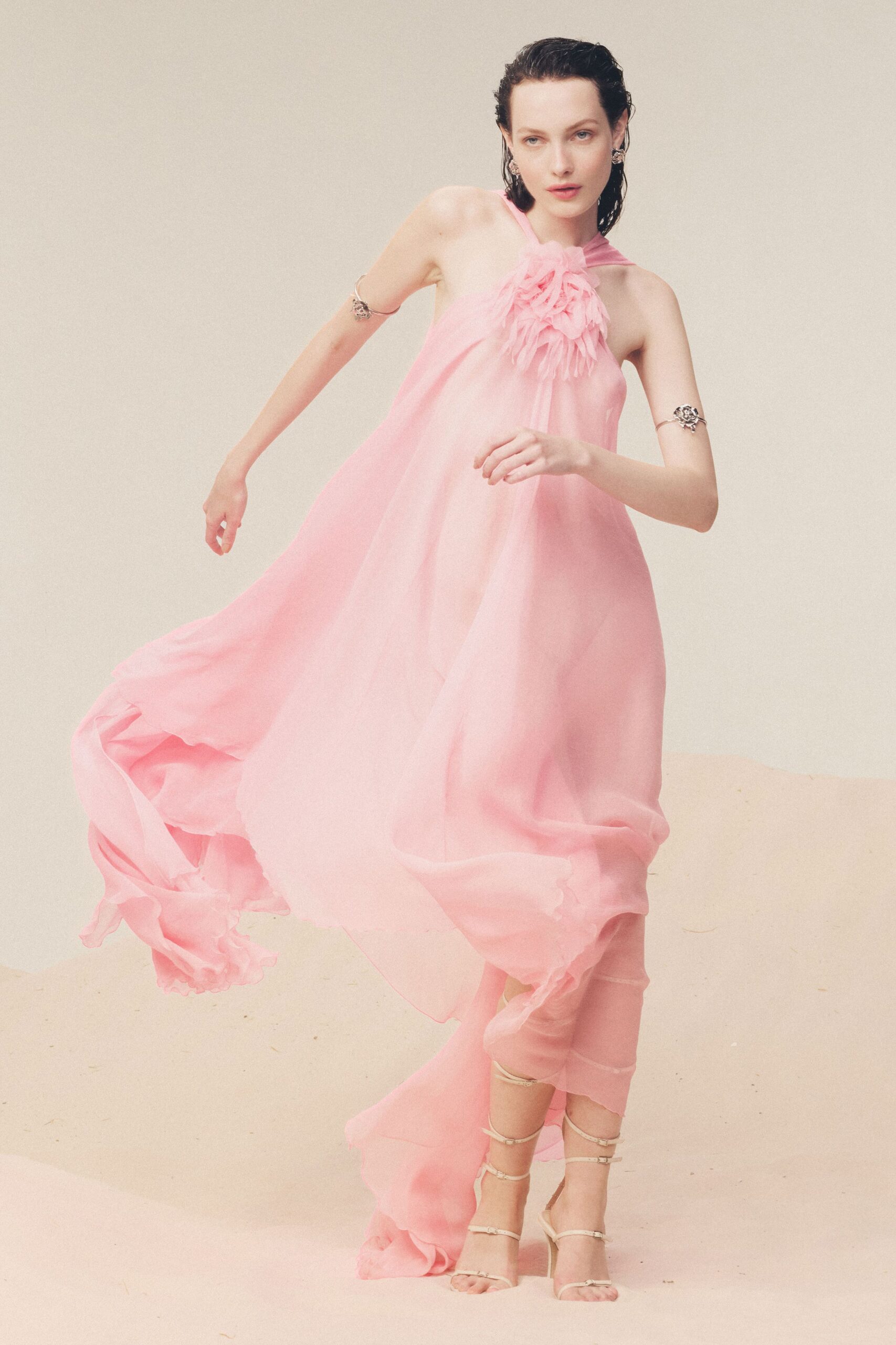 pink chiffon halter gown with strappy shoes