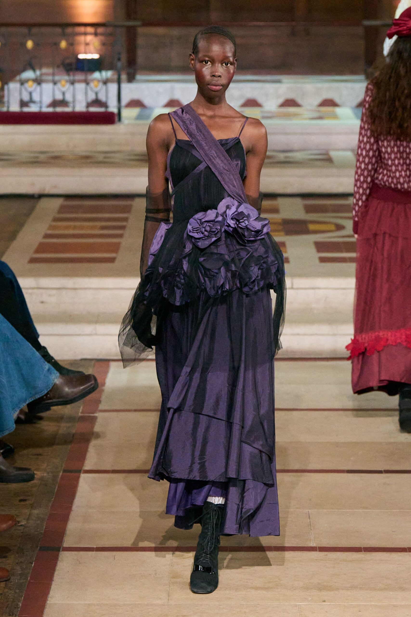 purple silk ruffled midi dress with boots