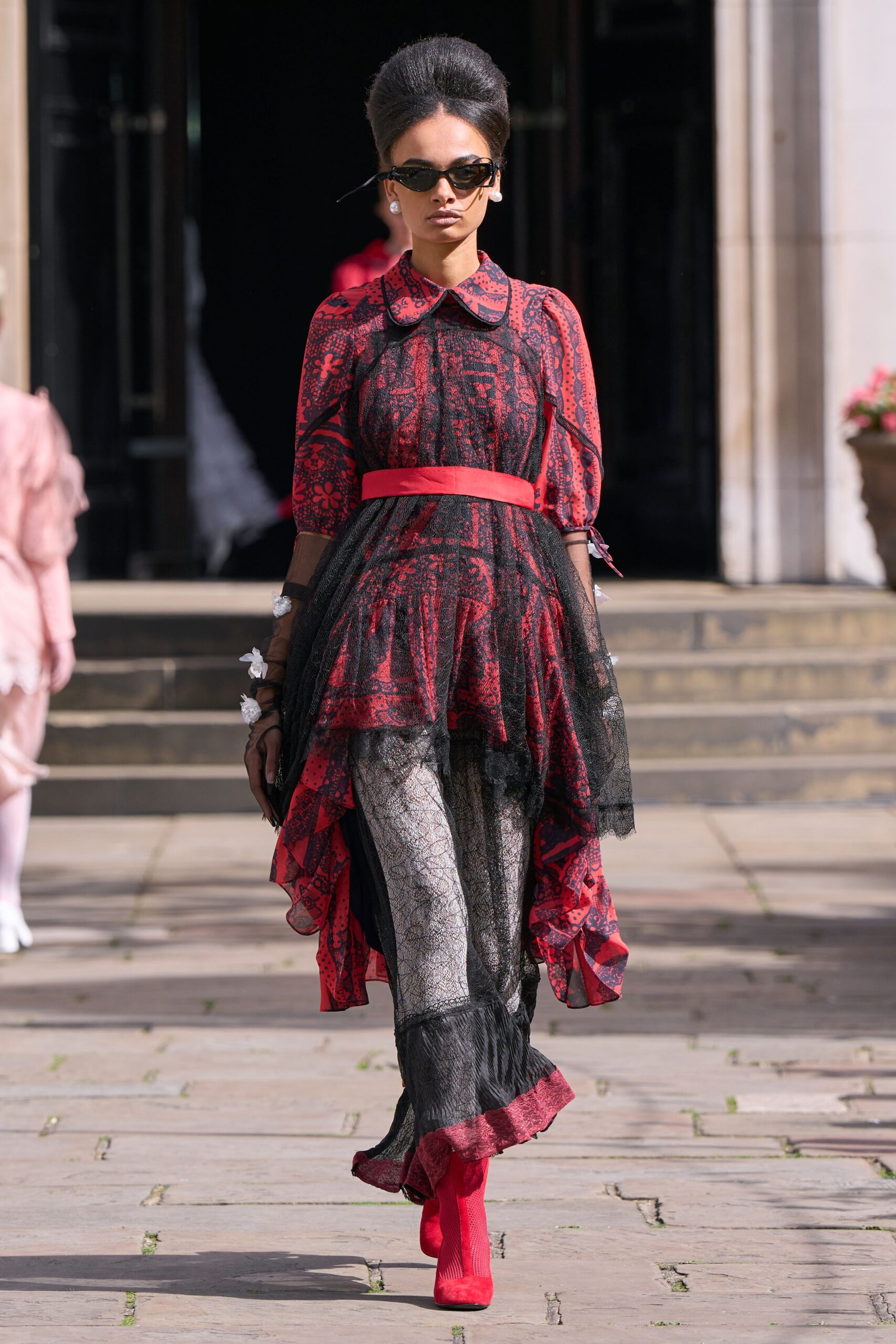 red lace long-sleeve collared fitted layered ruffled dress