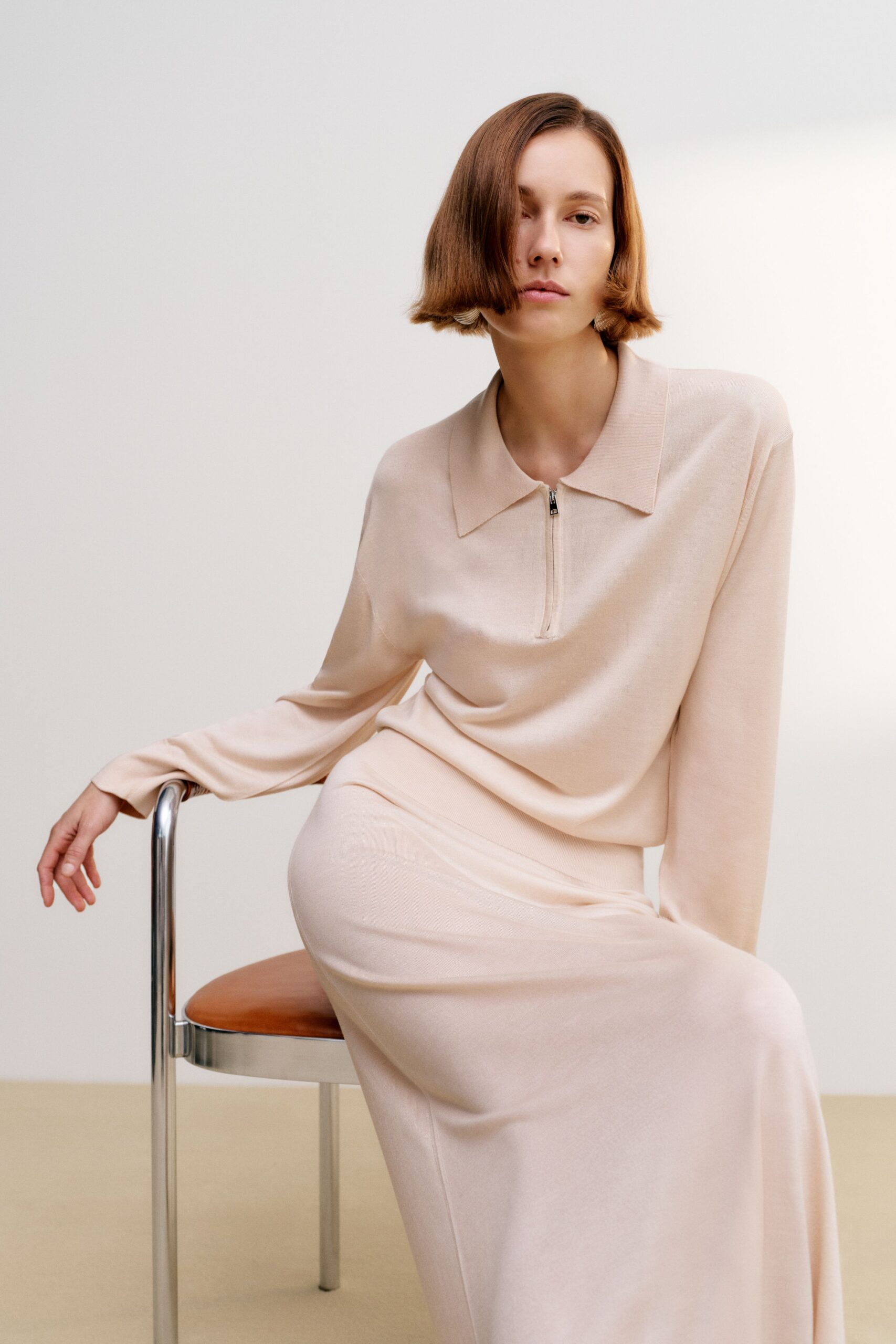 beige silk fitted straight-leg maxi skirt