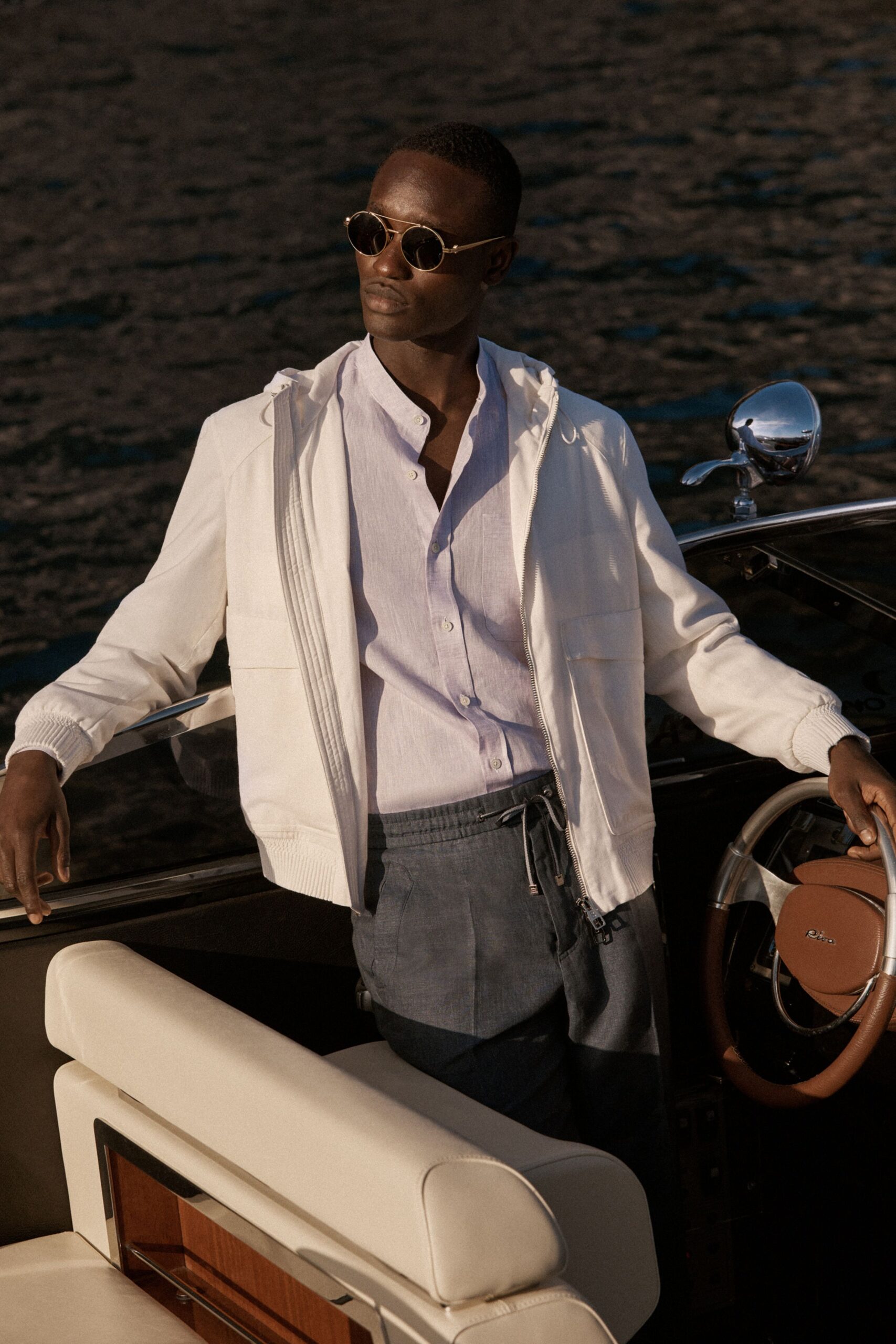 white jacket with light purple shirt