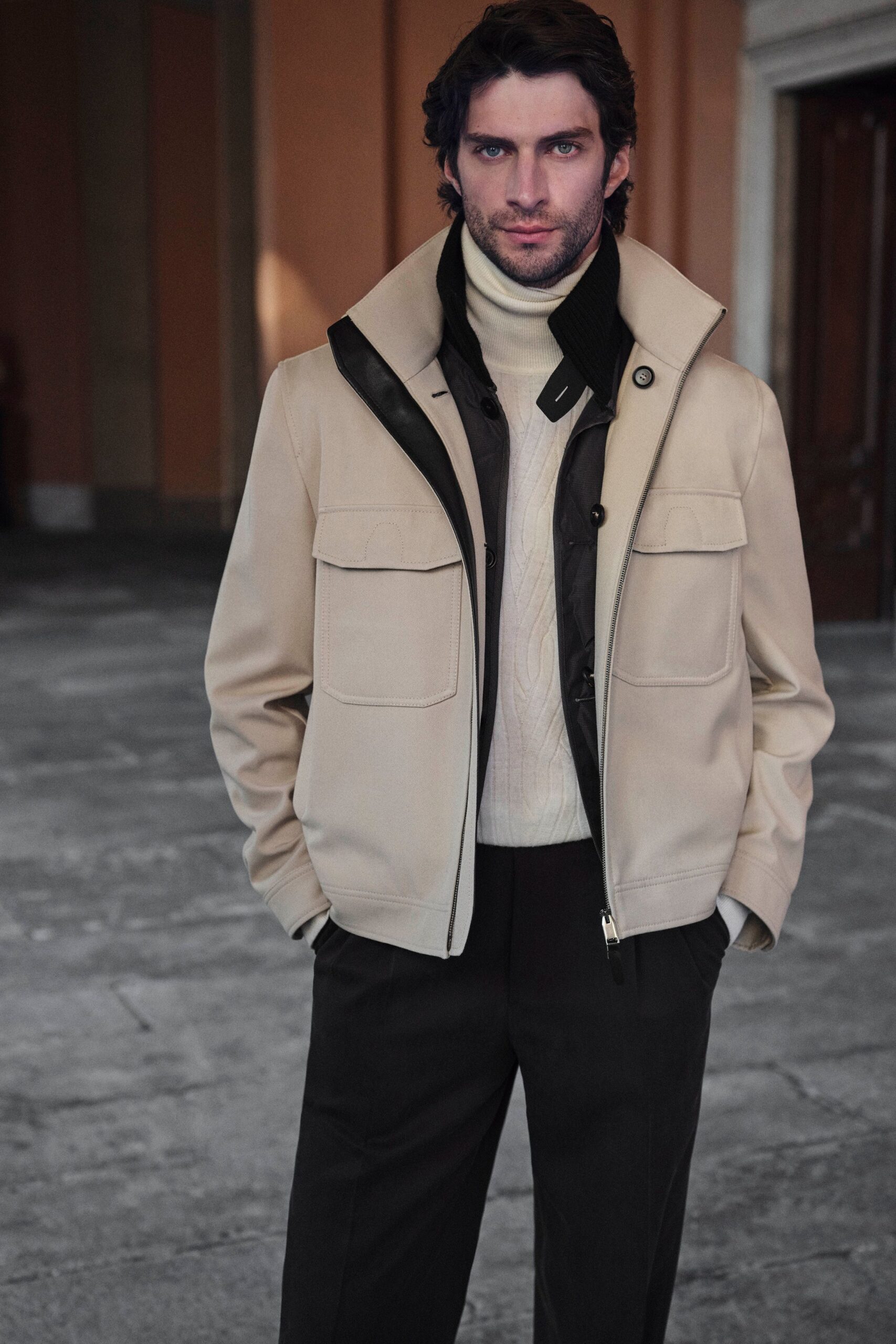 beige cotton long-sleeve collared structured buttoned jacket