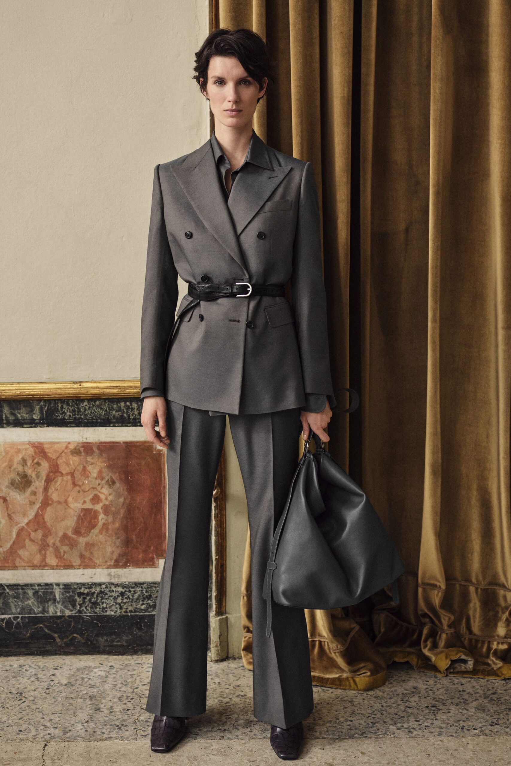 gray wool tailored flared pants