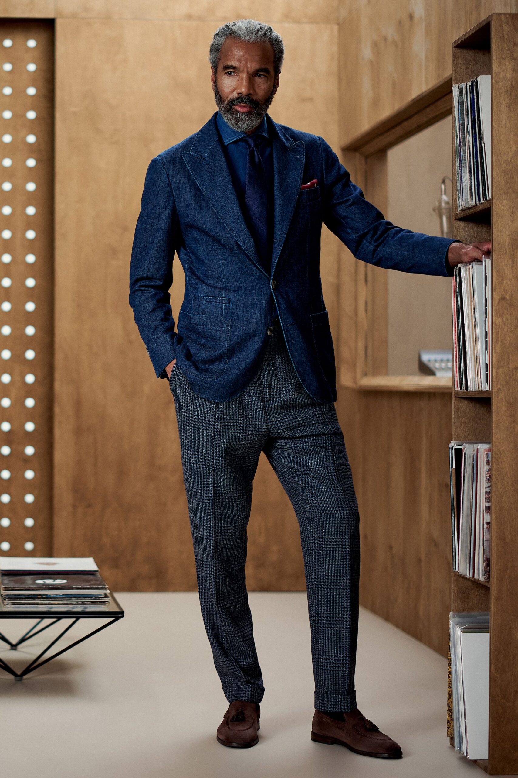 blue tailored blazer gray pants