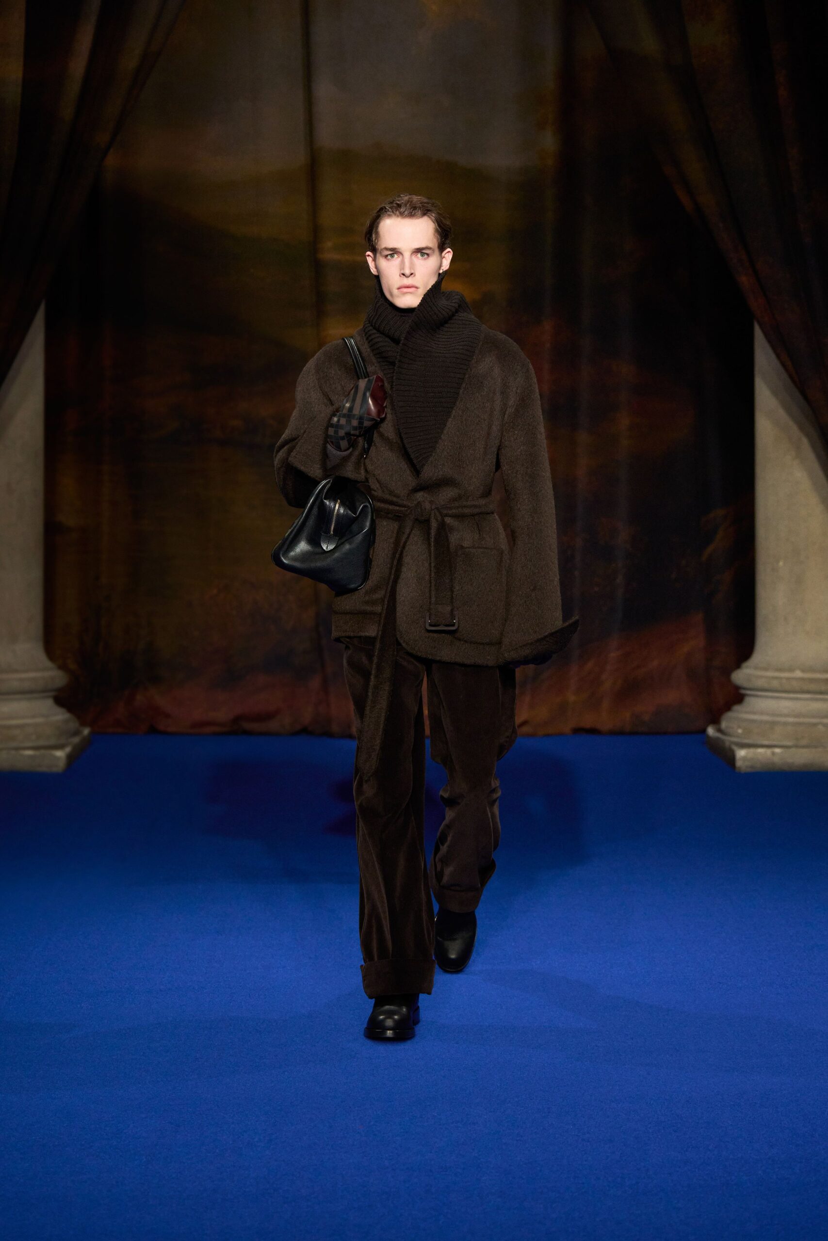 brown wool coat with black sweater