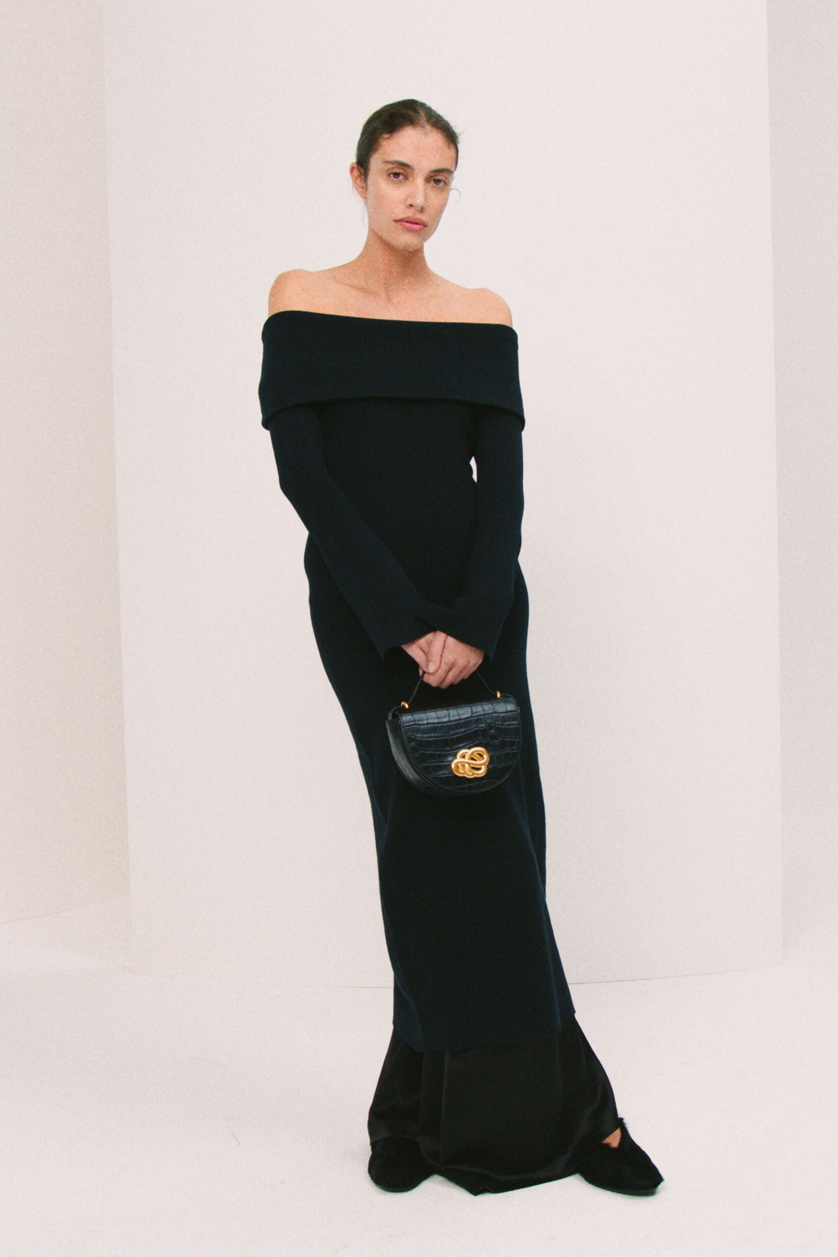 black cotton long-sleeve off-shoulder fitted straight-leg maxi gown