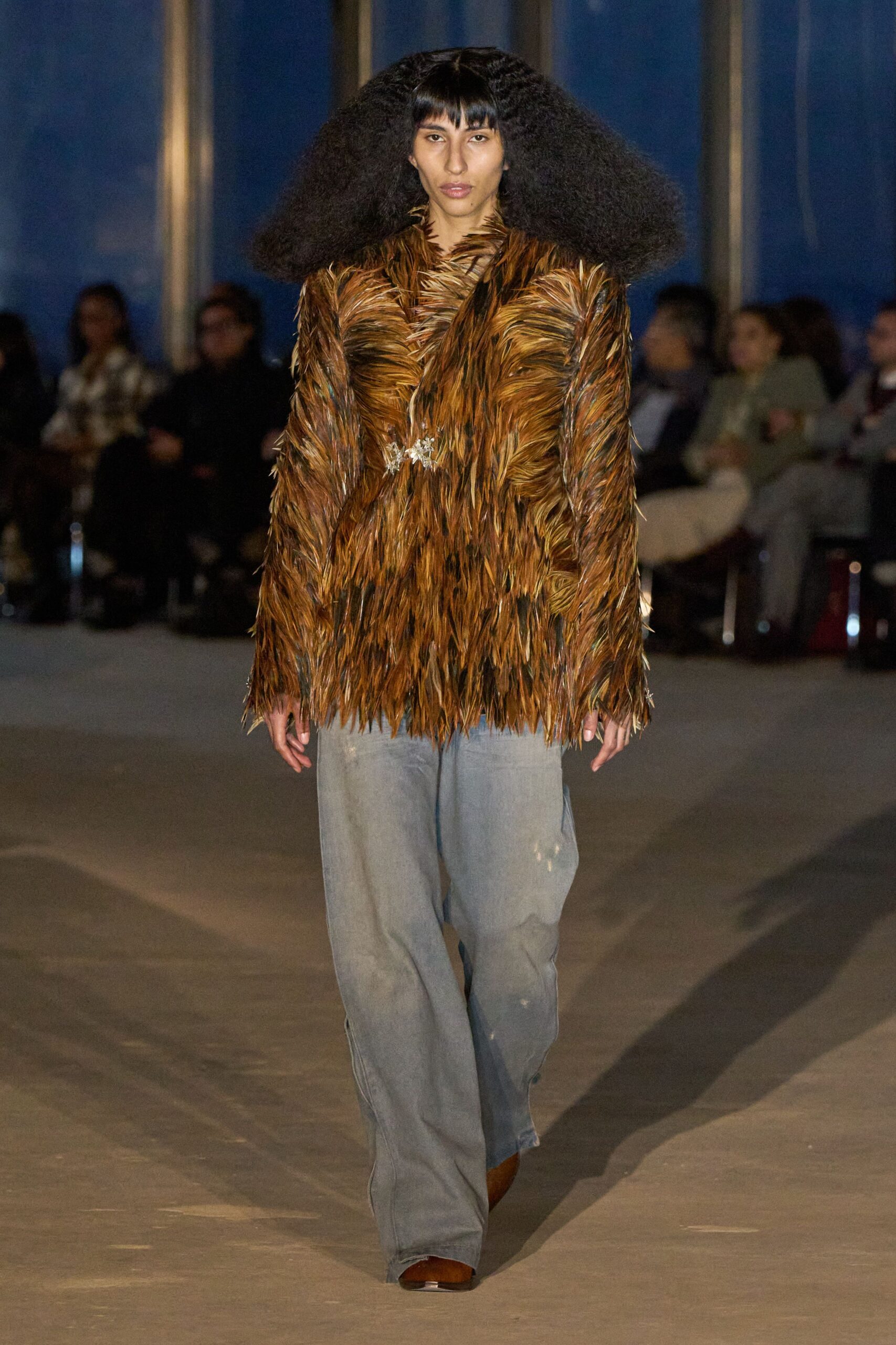 brown fur long-sleeve collared relaxed fringed jacket