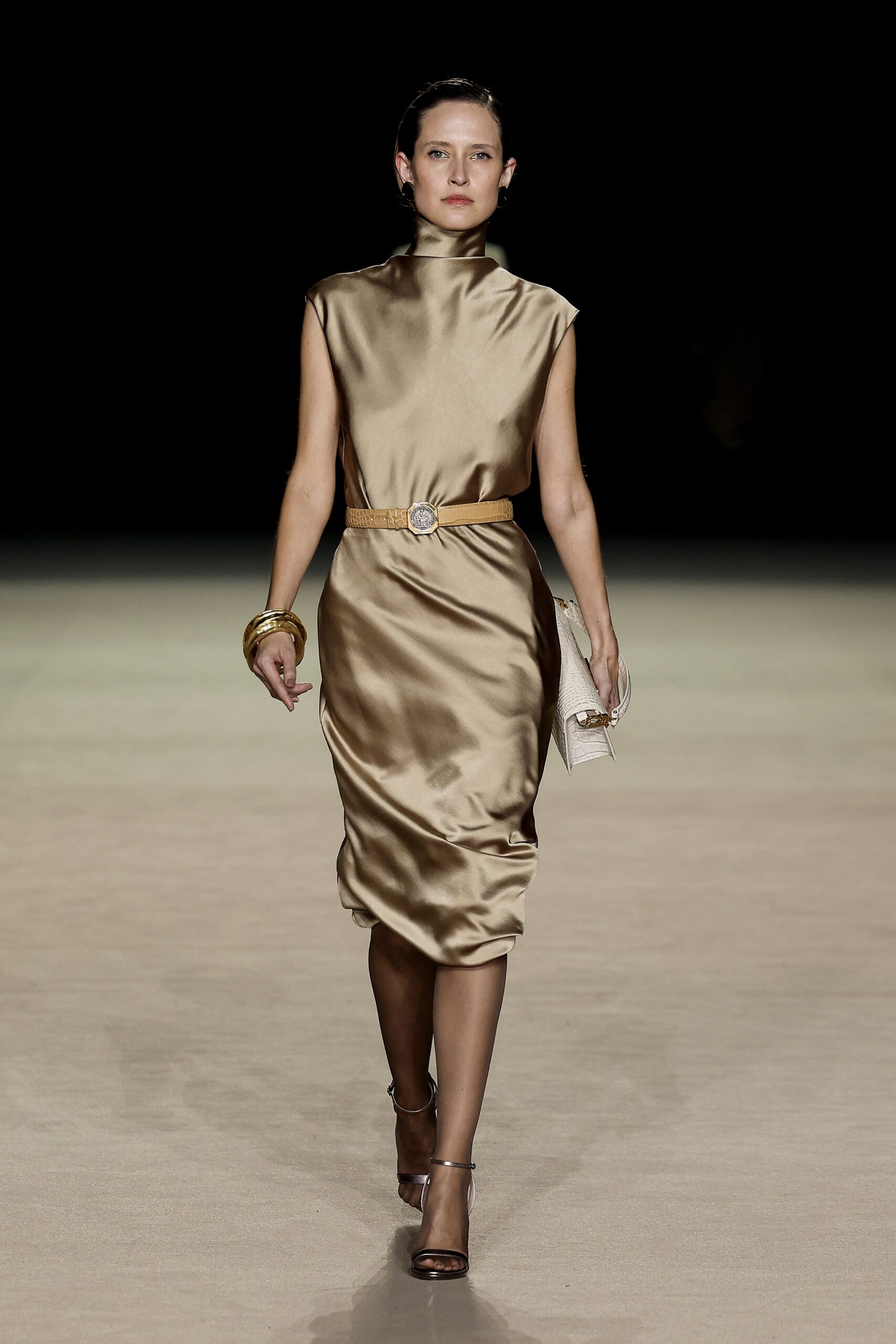 beige satin sleeveless high-neck fitted draped shiny dress