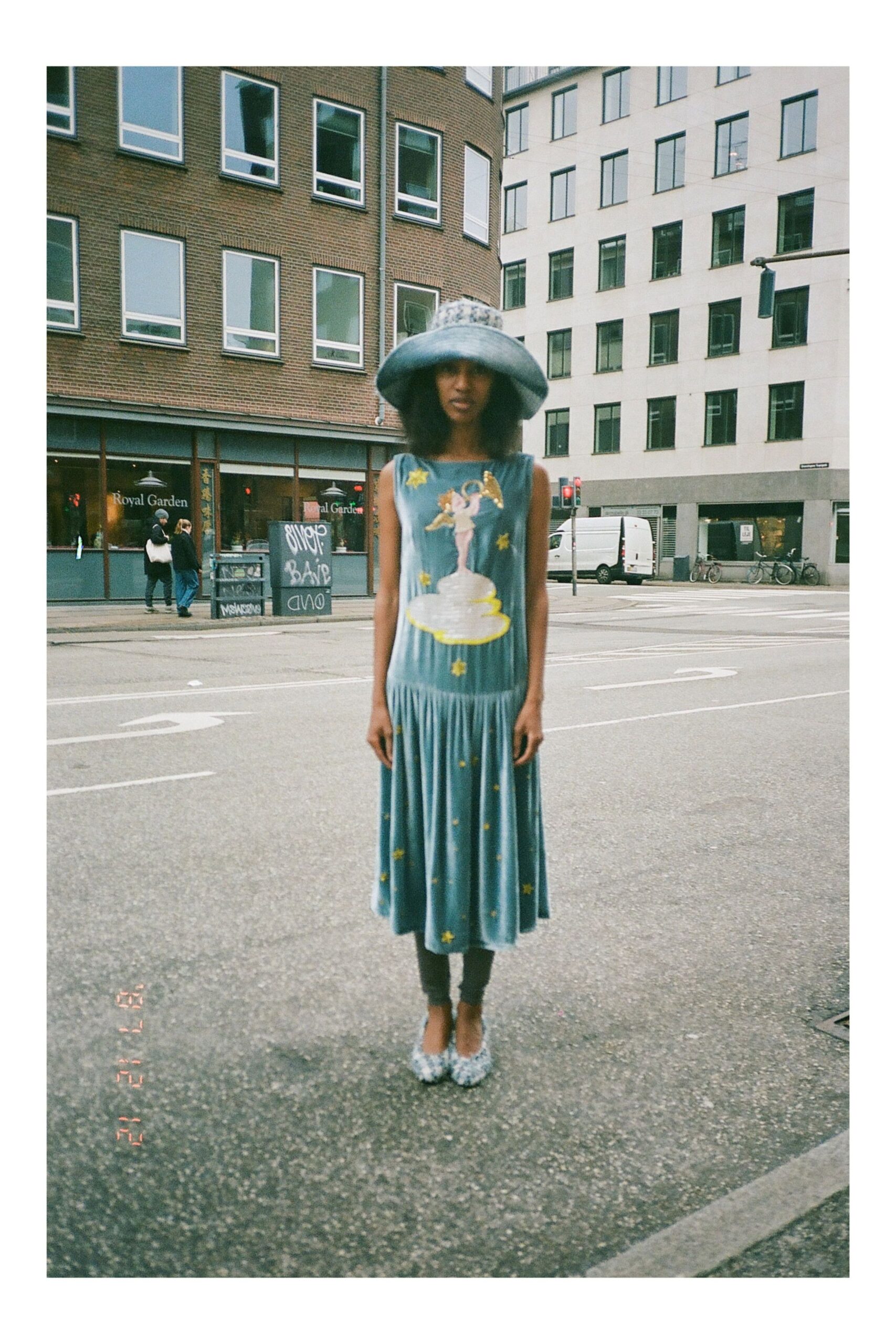 blue cotton sleeveless v-neck fitted pleated printed dress
