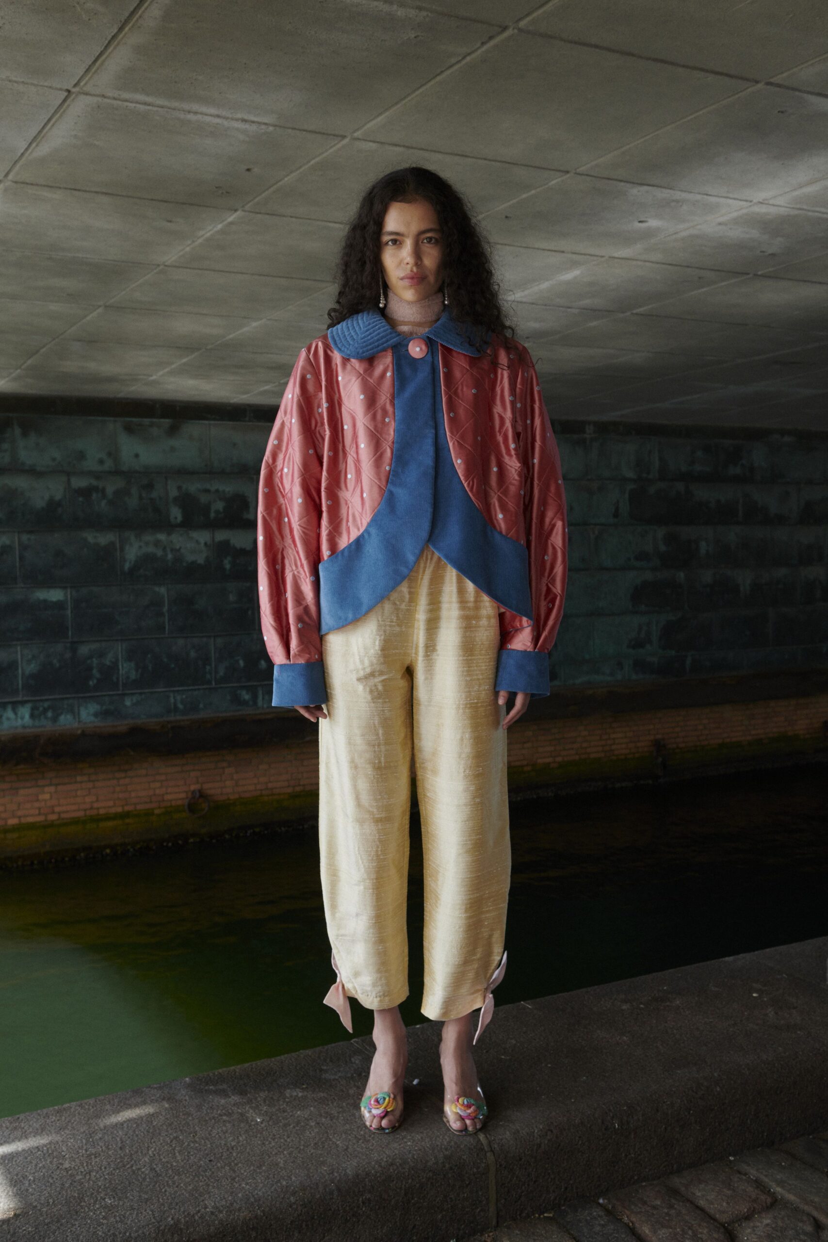 beige silk relaxed straight-leg shiny cropped pants