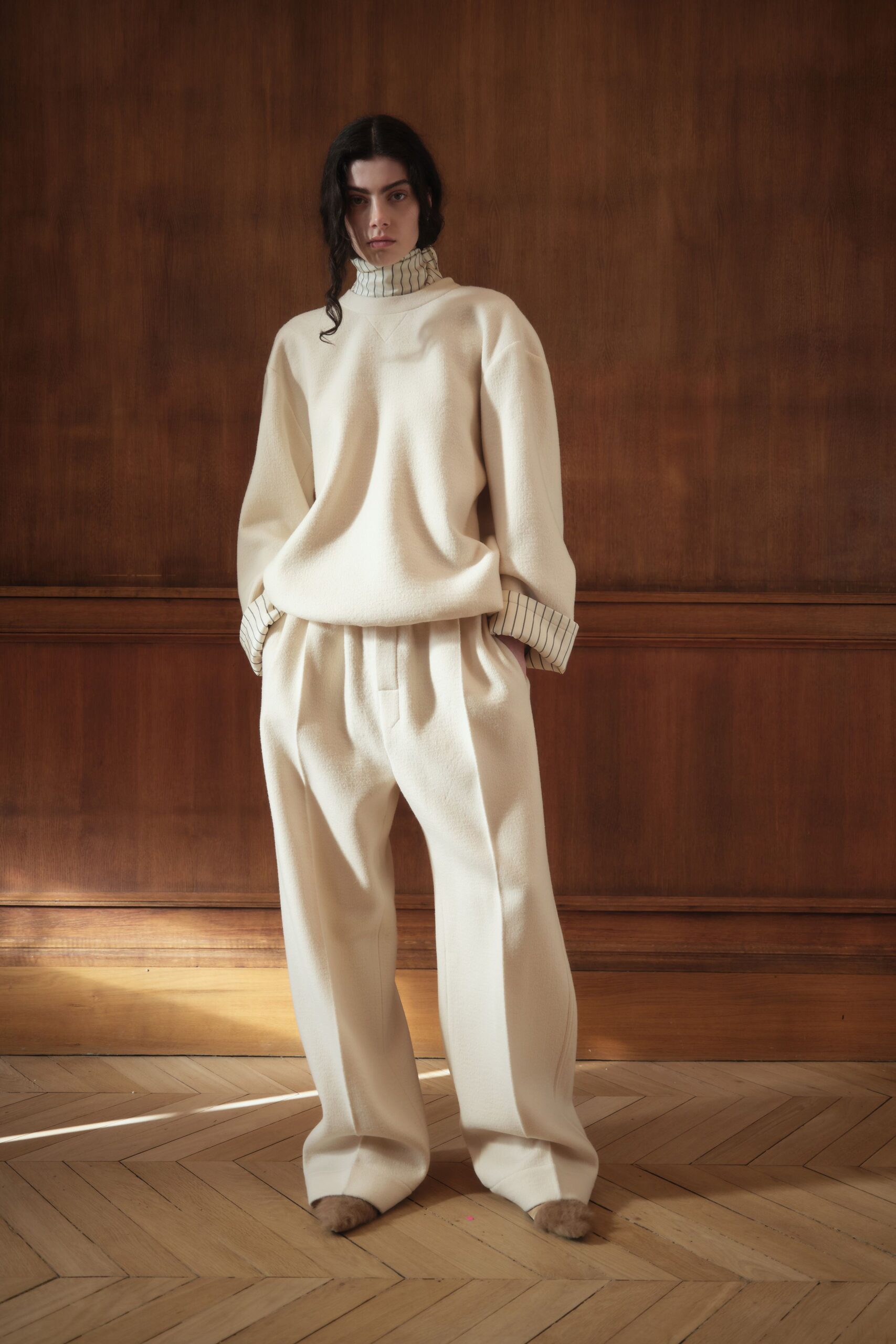 white relaxed wool sweater and pants