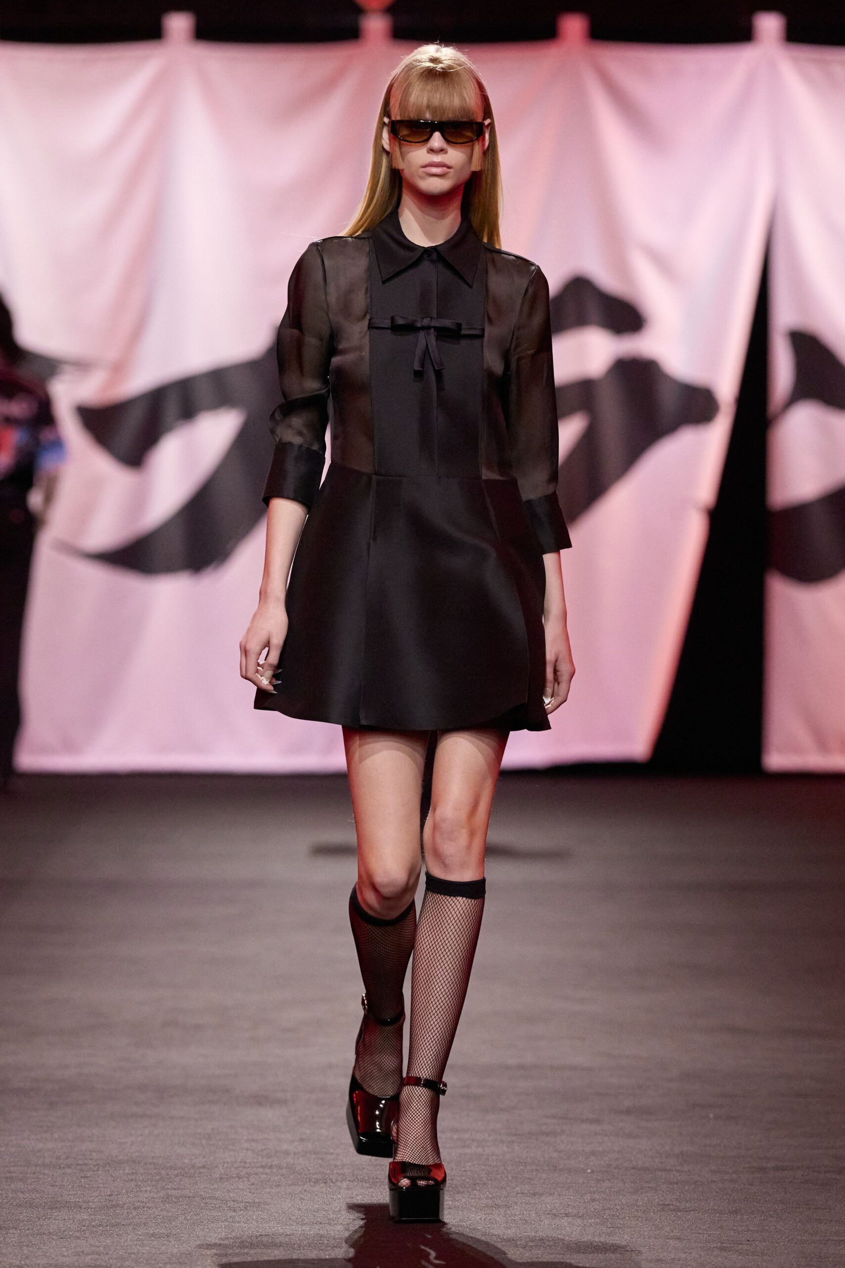 black silk long-sleeve collared fitted pleated mini dress
