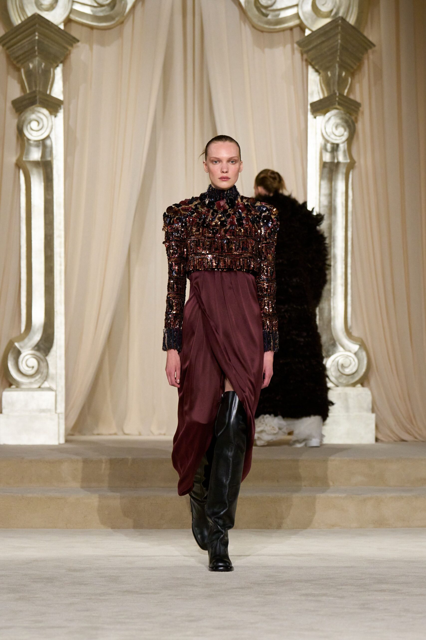 maroon sequin long-sleeve high-neck fitted embellished draped gown
