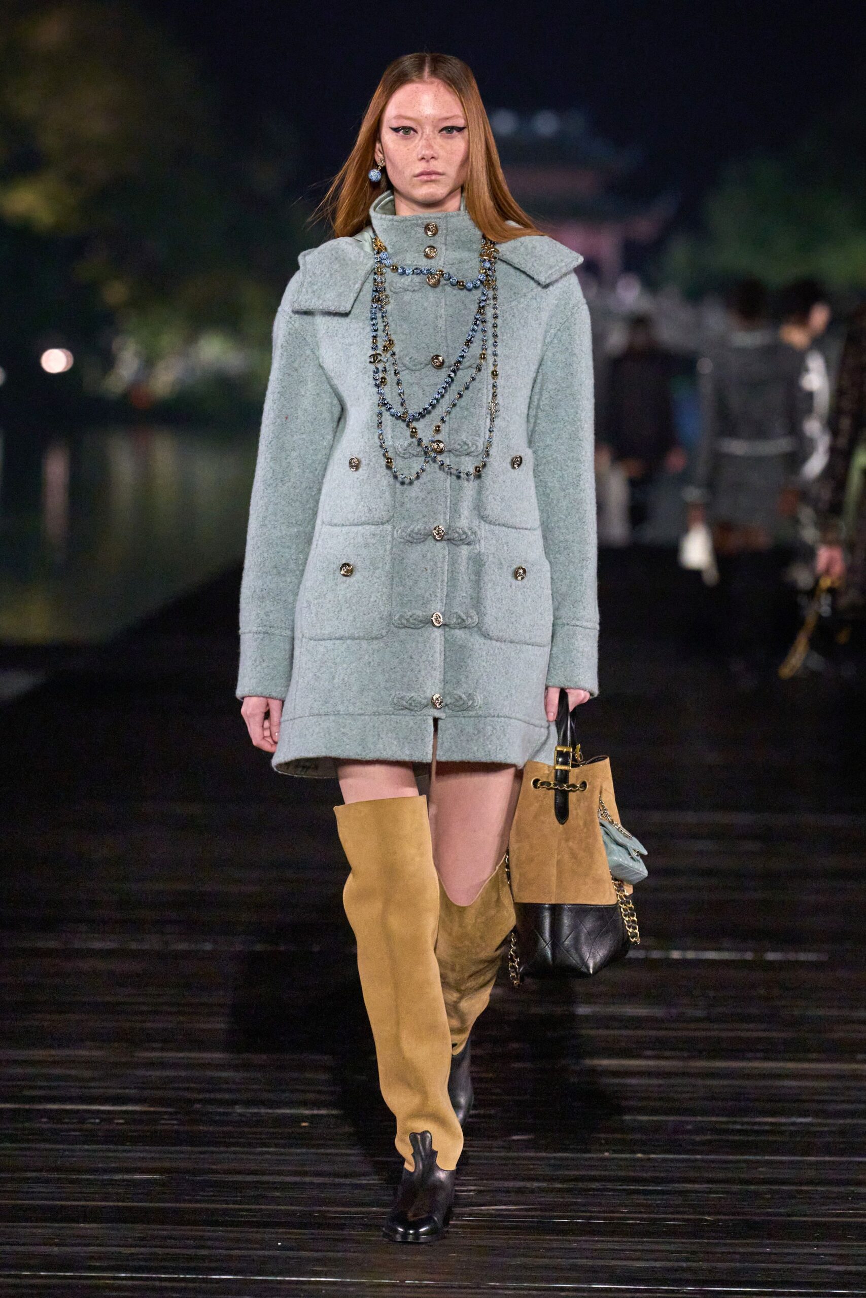 blue wool fitted coat with boots