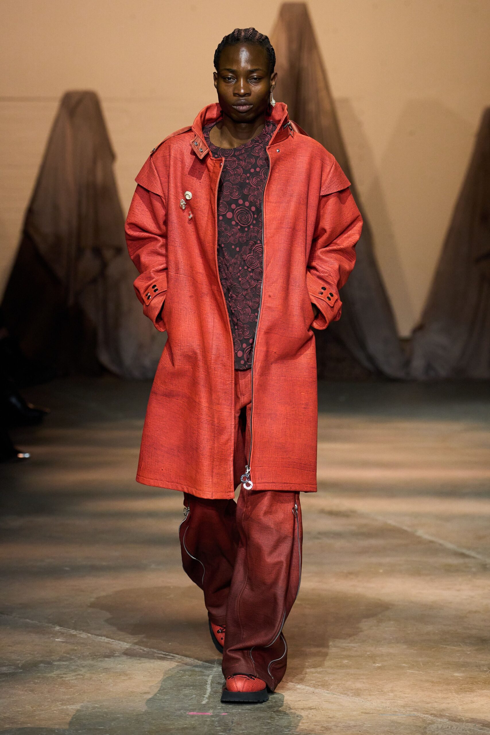 red cotton long-sleeve collared oversized buttoned coat