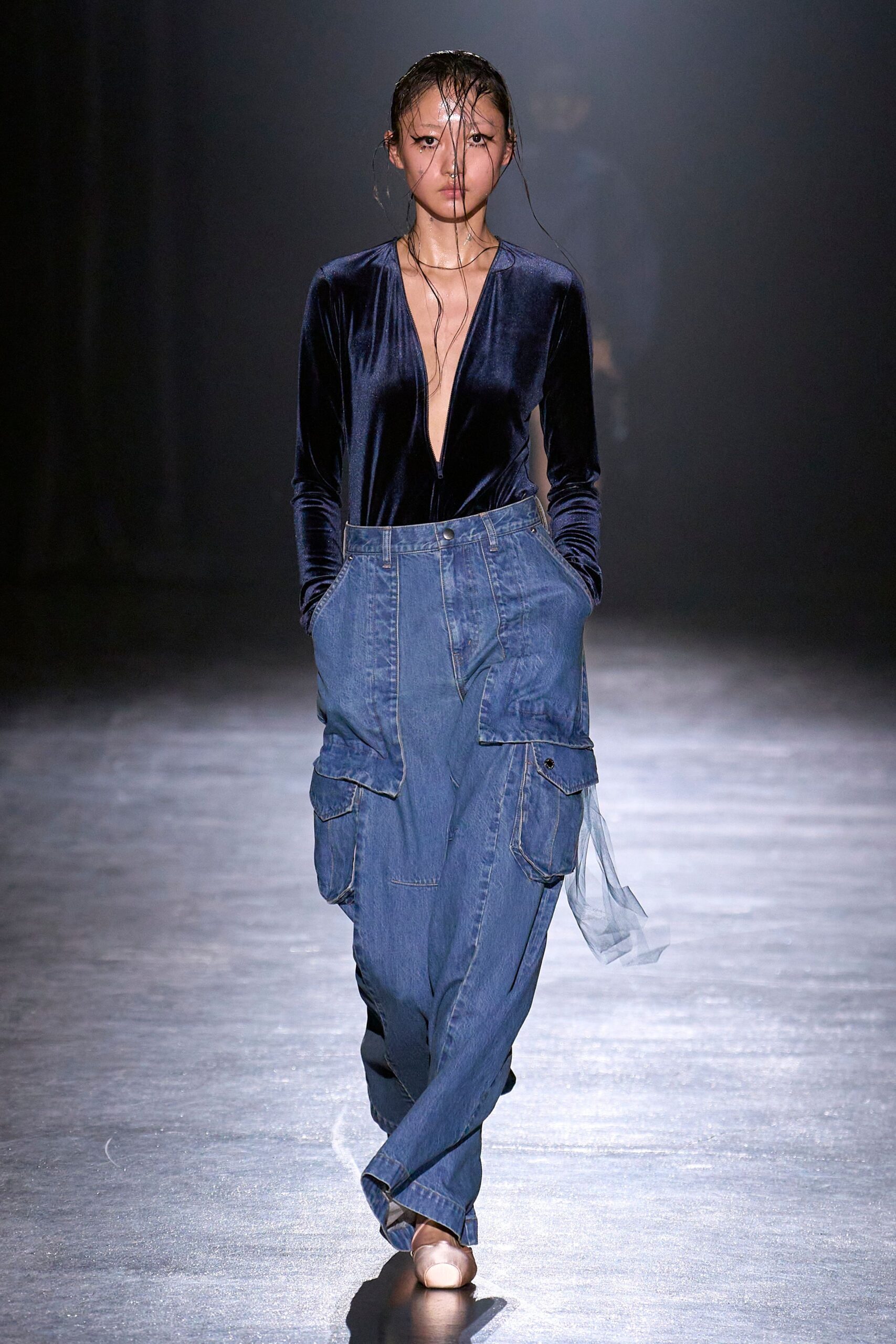 blue velvet bodysuit and cargo pants