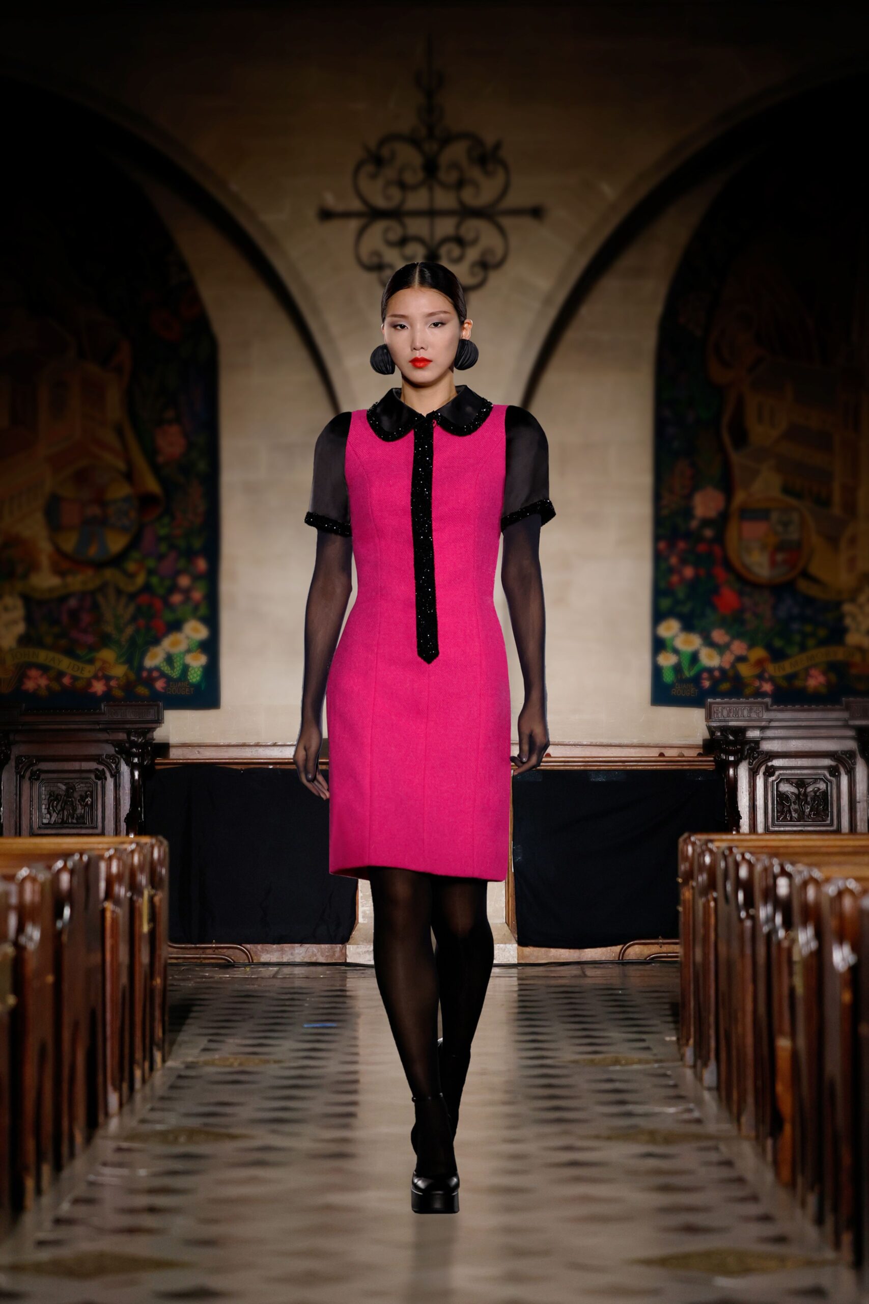 pink cotton short-sleeve collared fitted buttoned mini dress