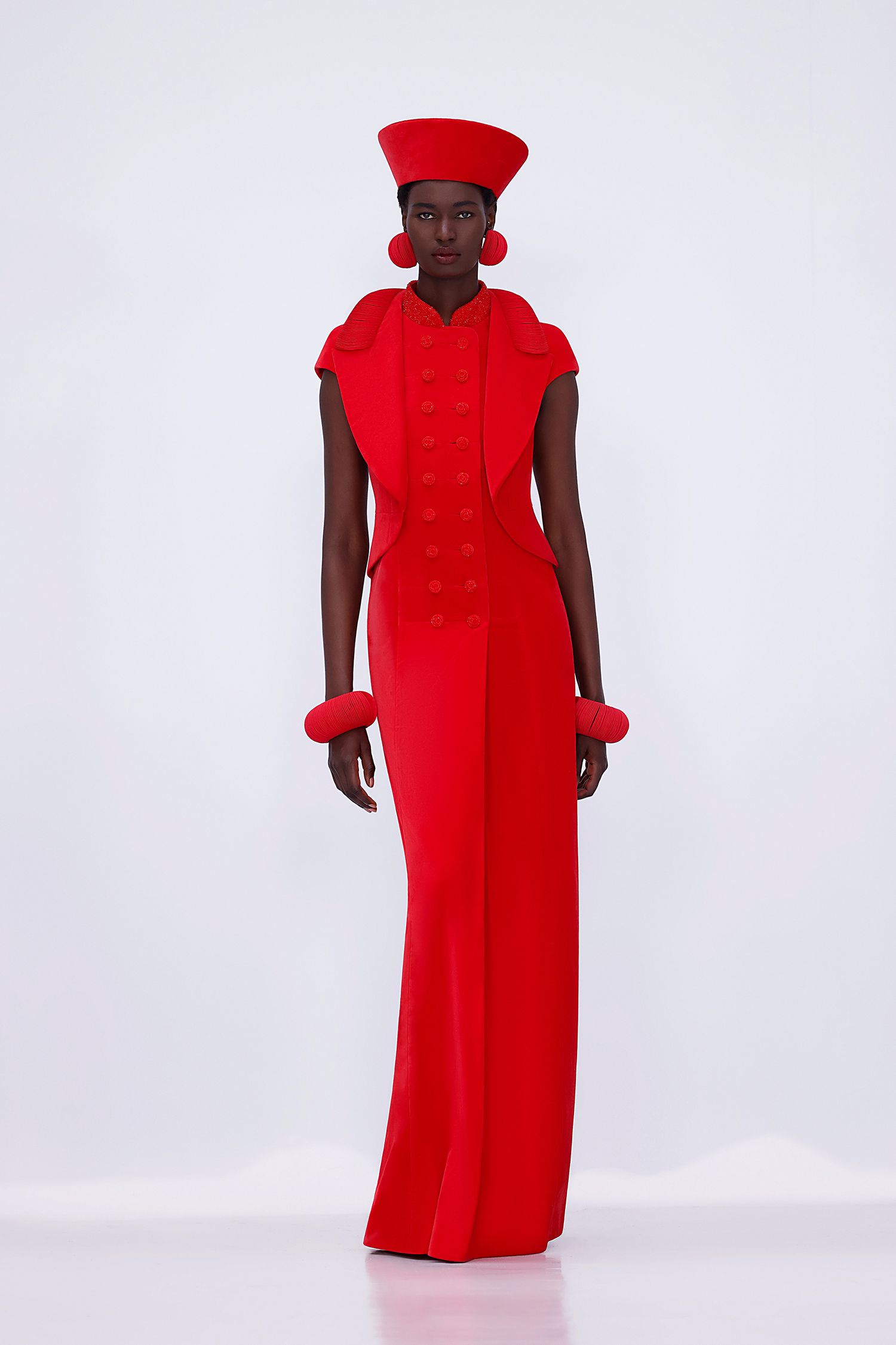 red cotton sleeveless collared fitted buttoned straight-leg gown