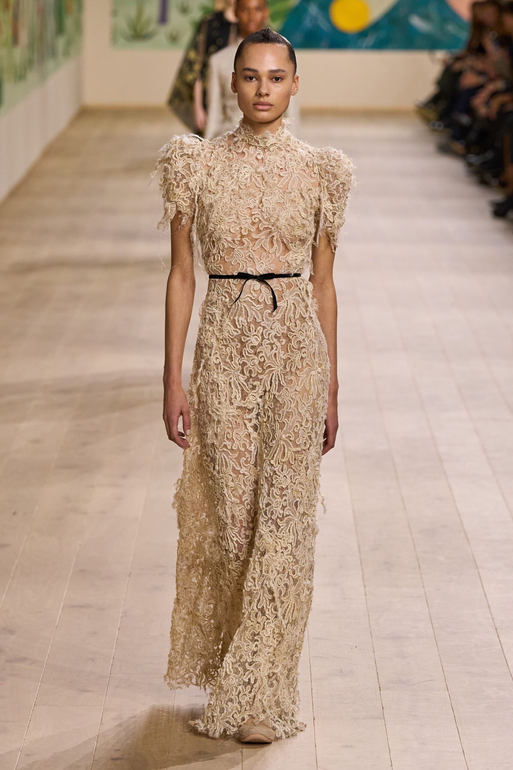 beige lace embroidered gown