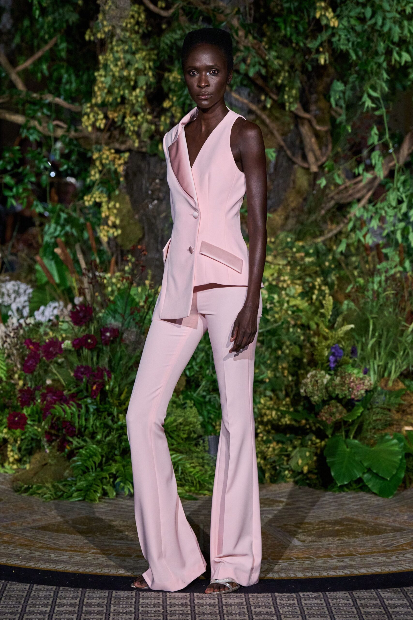 fitted pink silk suit