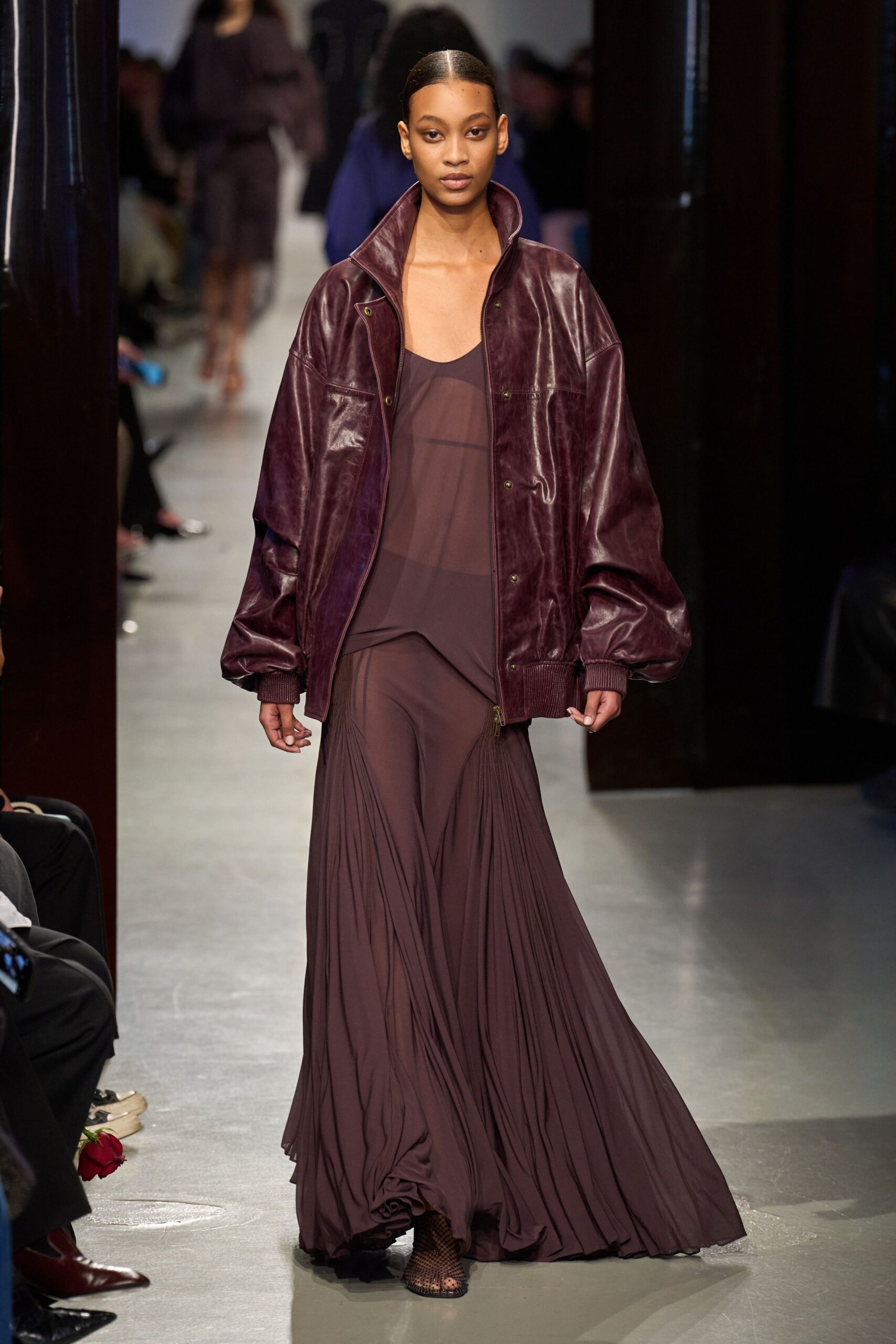 purple chiffon sleeveless v-neck fitted pleated flowing dress