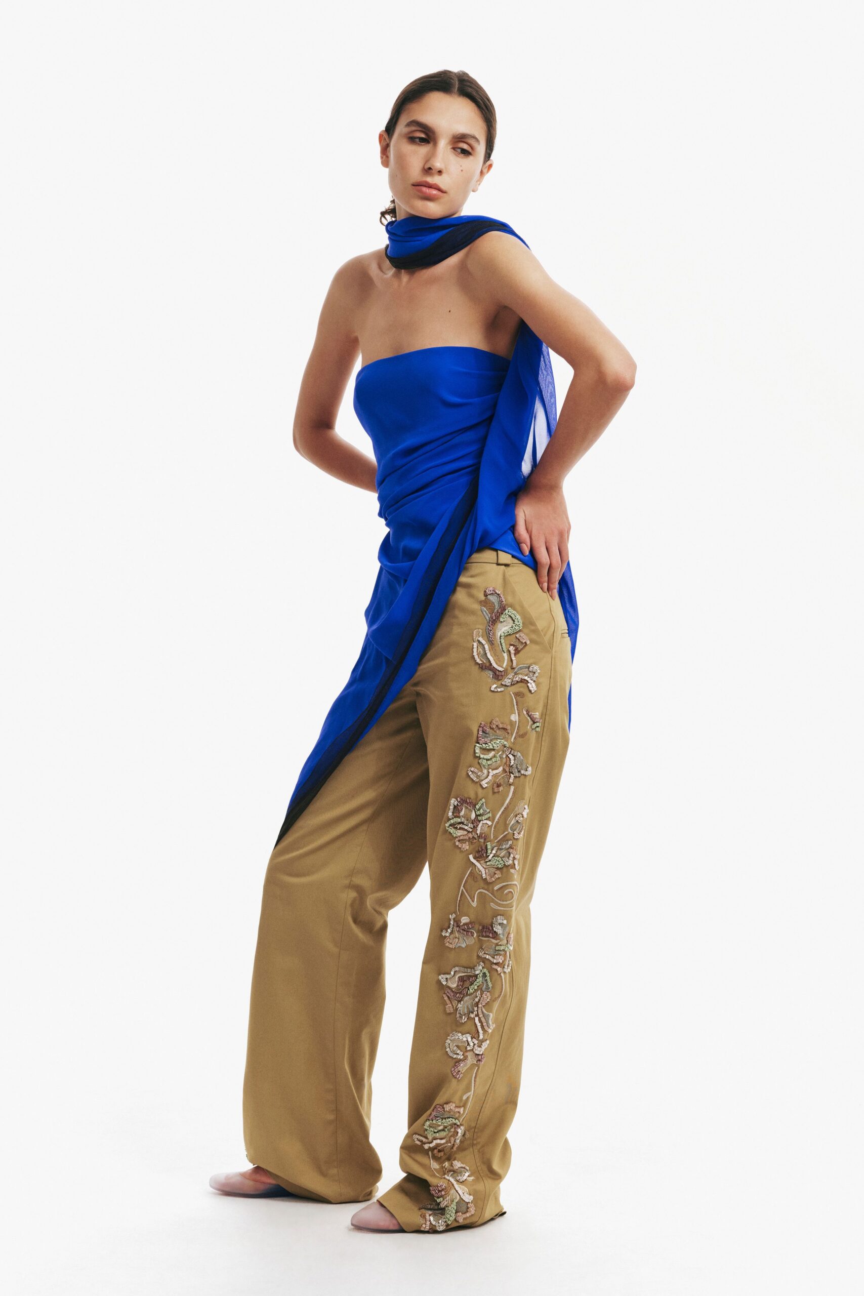 beige relaxed embroidered pants