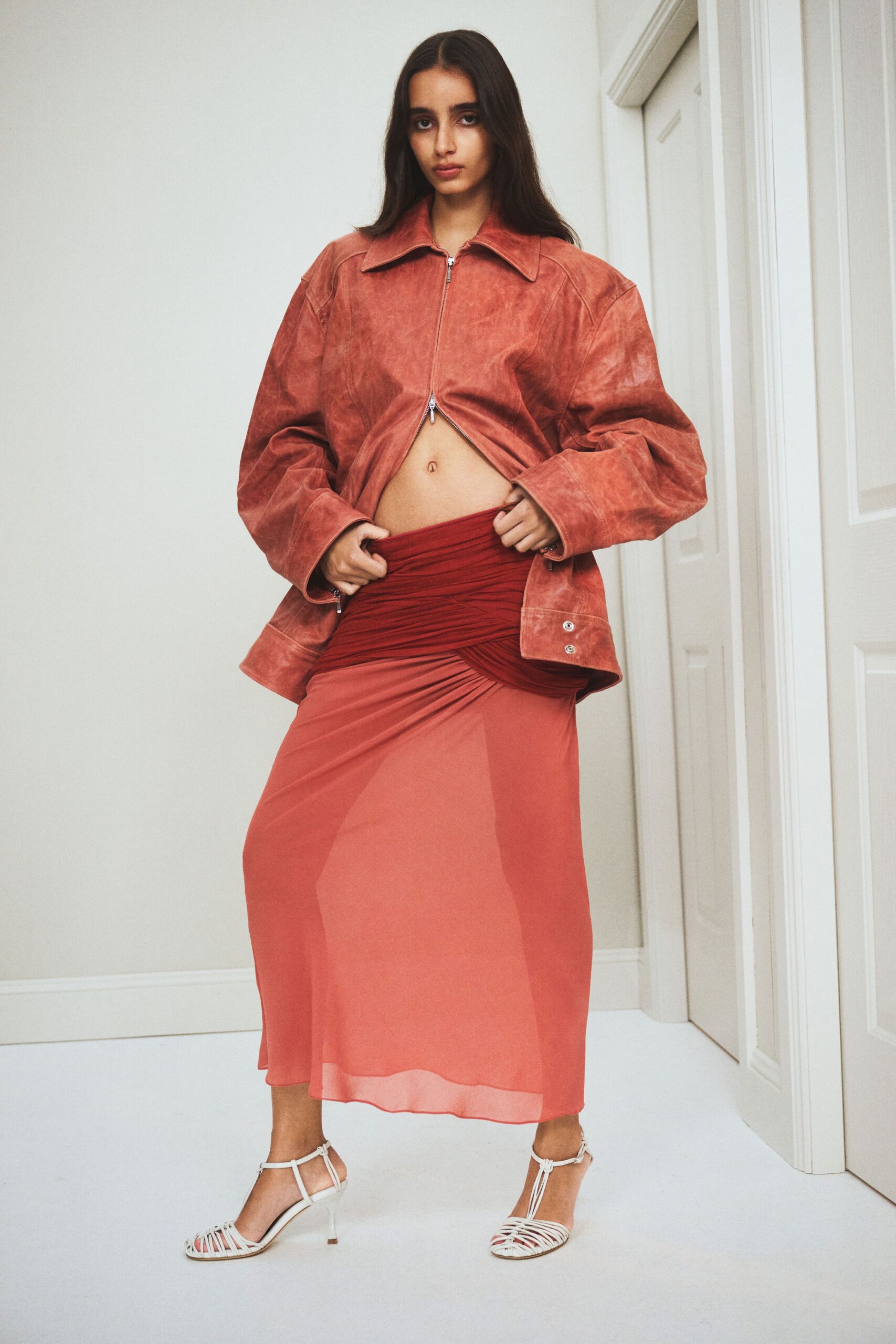 red silk fitted ruched sheer midi skirt