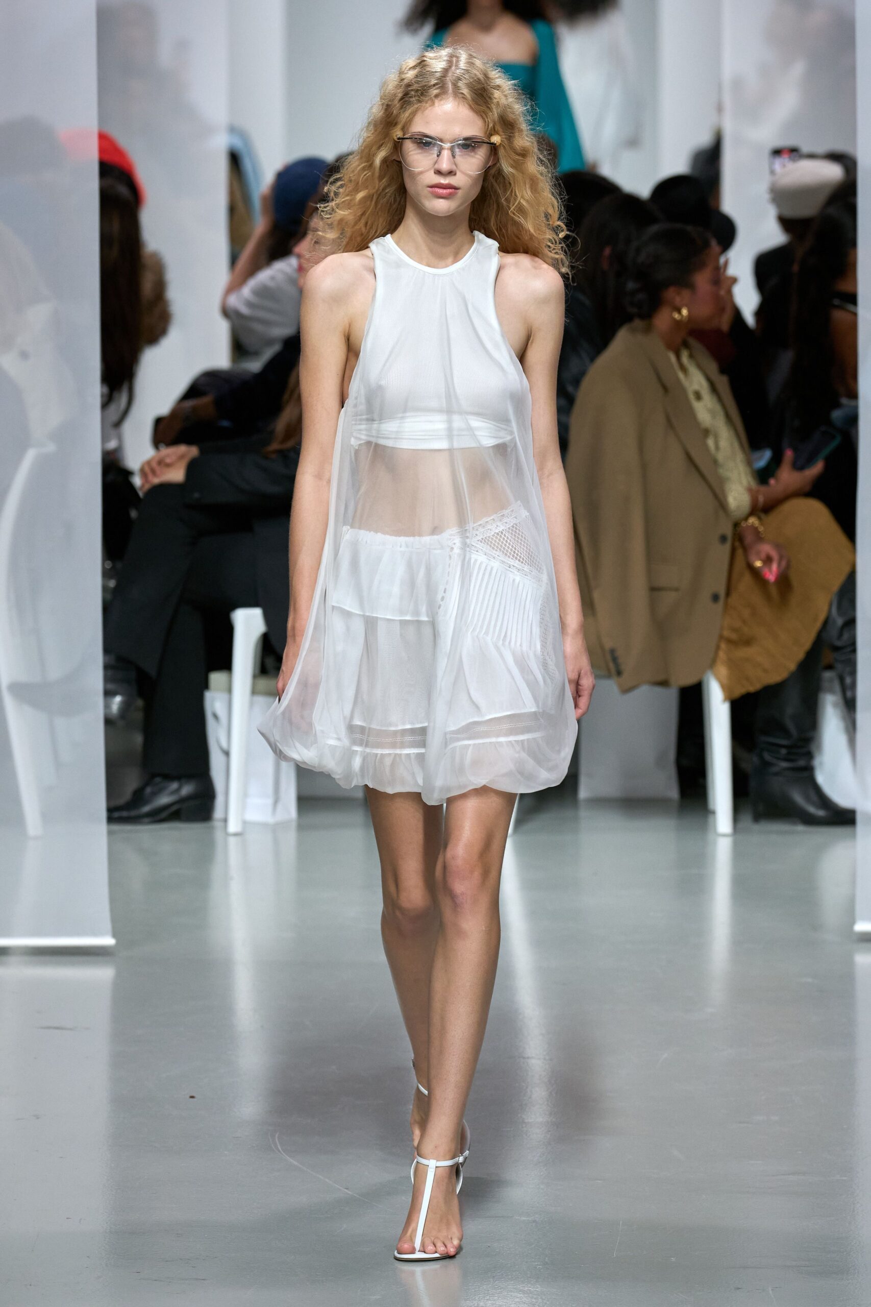 white chiffon sleeveless high-neck fitted layered dress