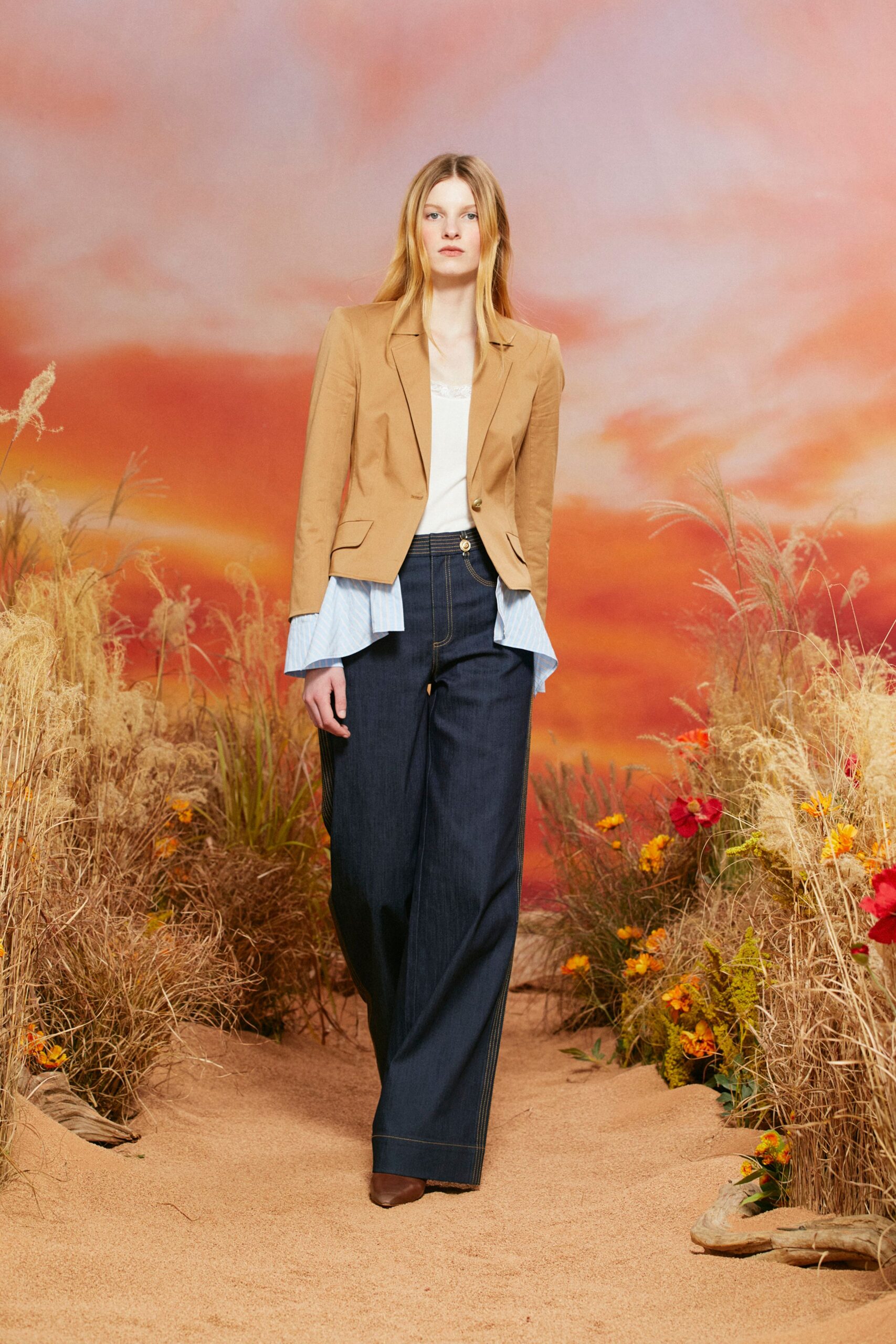 beige tailored blazer with denim pants