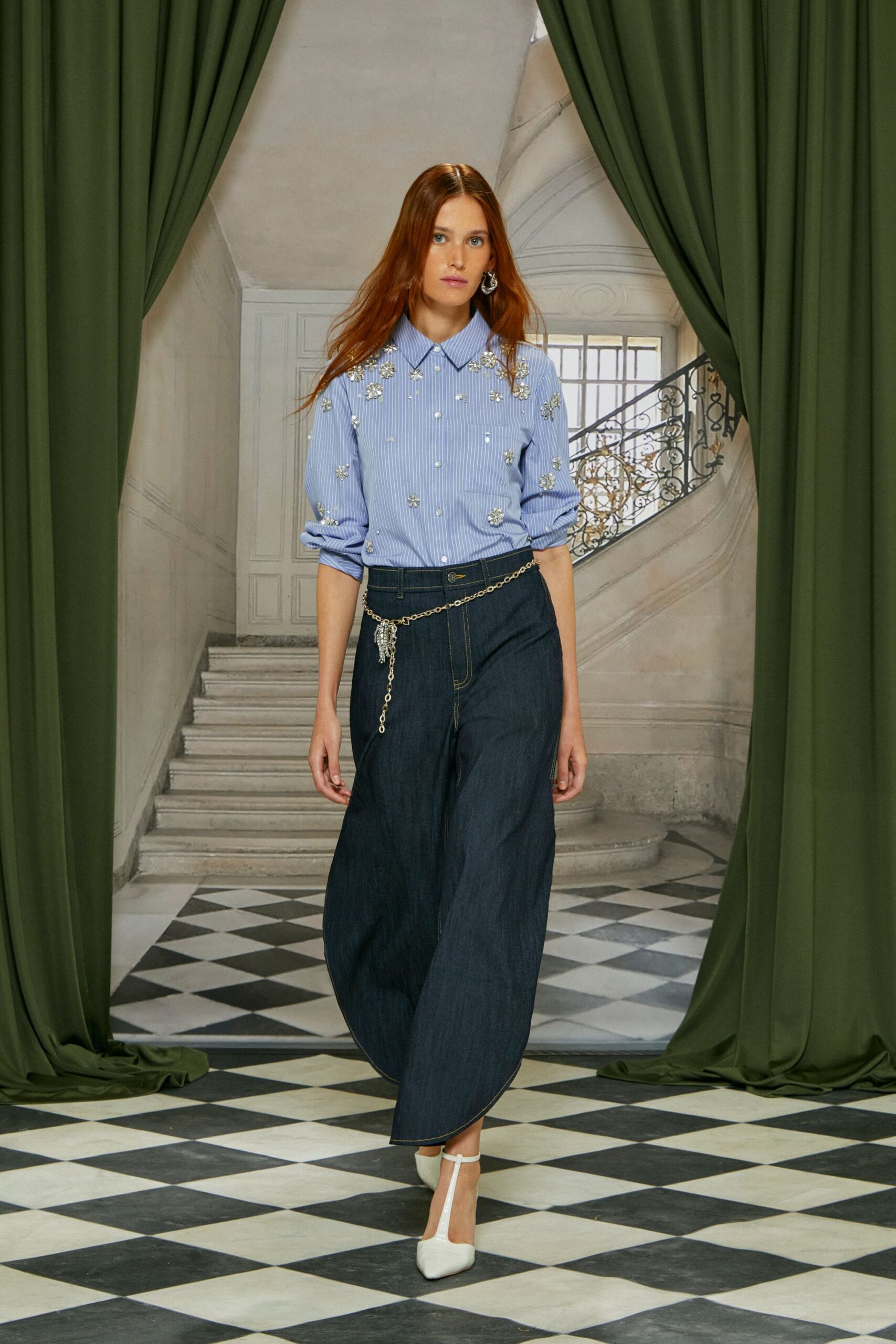blue embroidered shirt and wide-leg pants