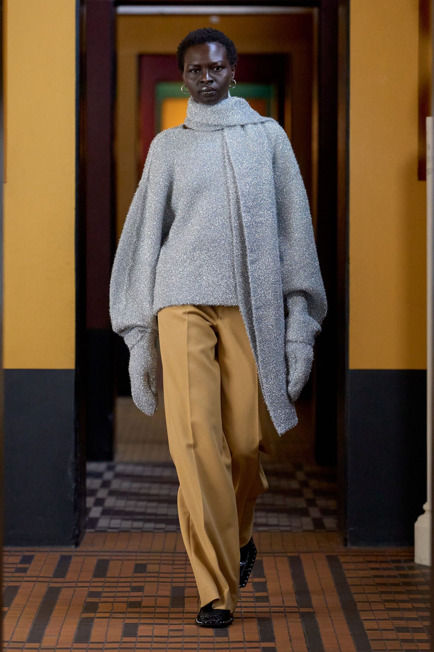 gray wool long-sleeve high-neck oversized draped sweater