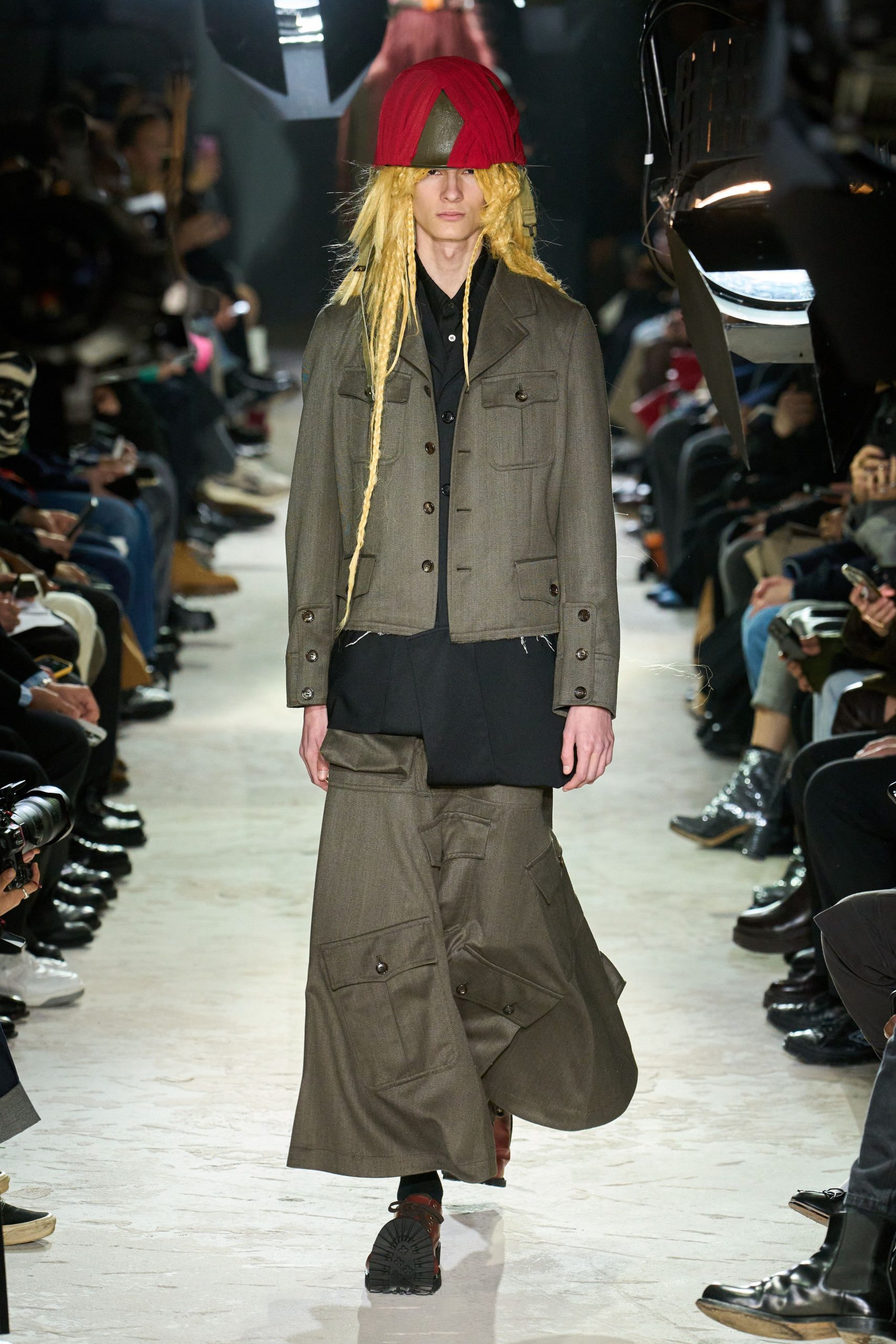 gray jacket black shirt beige skirt