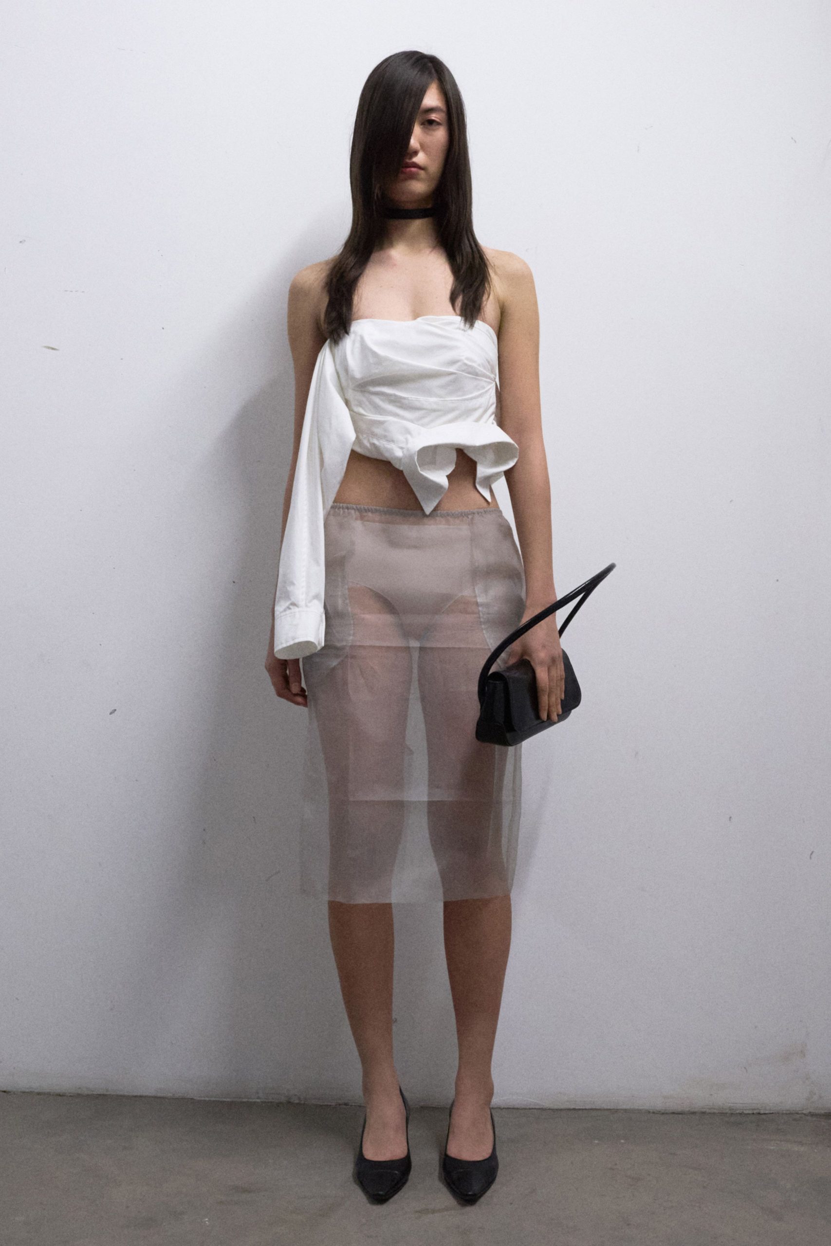 clear vinyl fitted straight-leg sheer midi skirt