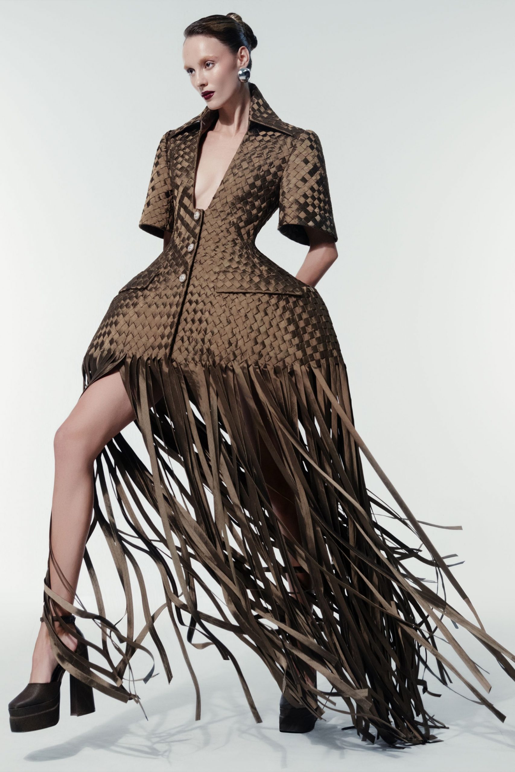 brown pleated midi dress with fringes