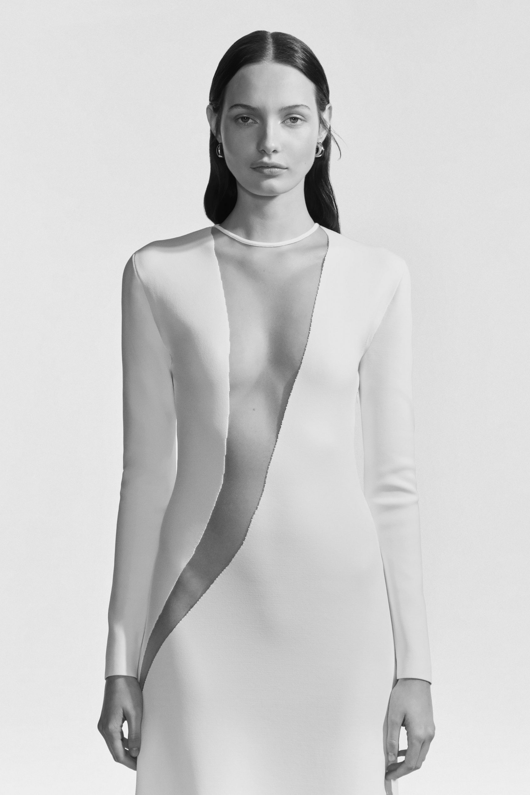 white fitted long-sleeve gown