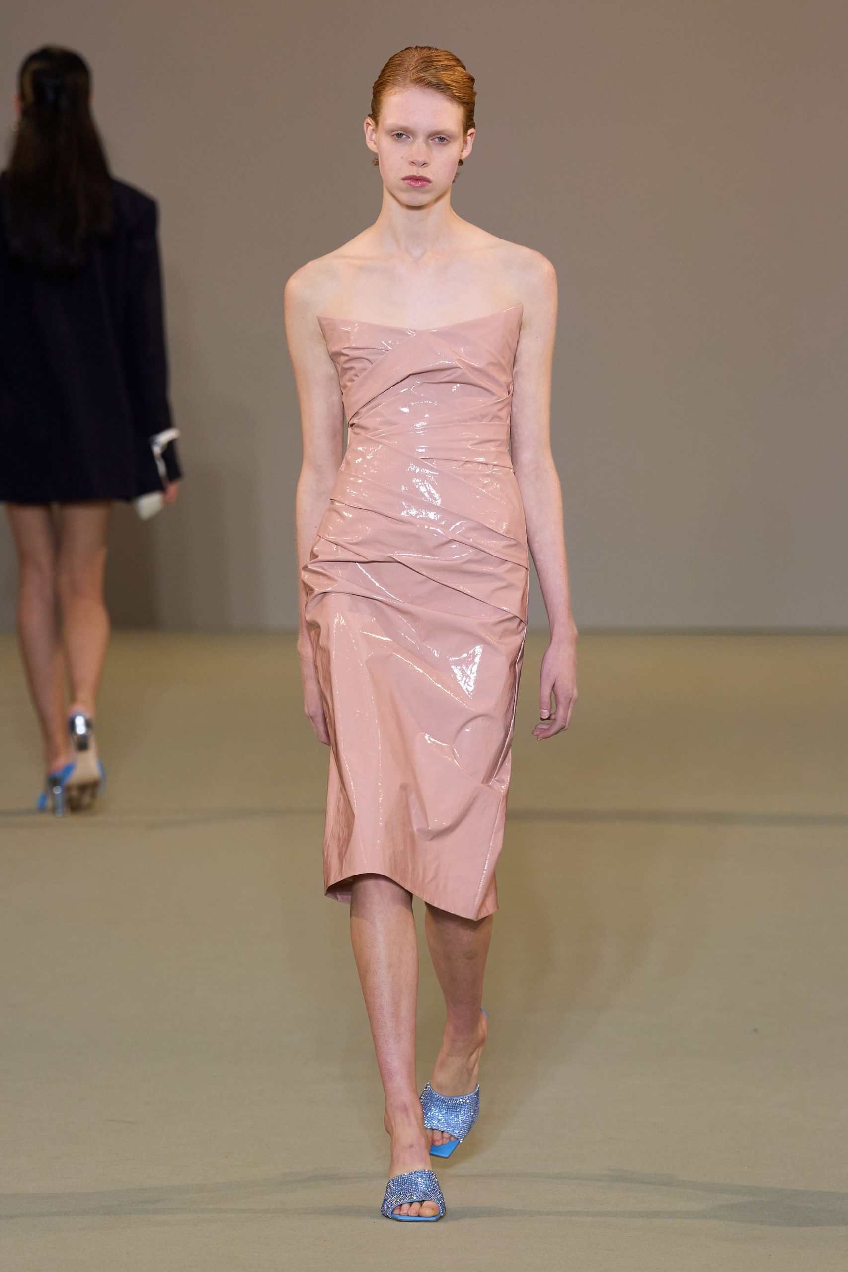 pink vinyl strapless fitted ruched shiny midi dress
