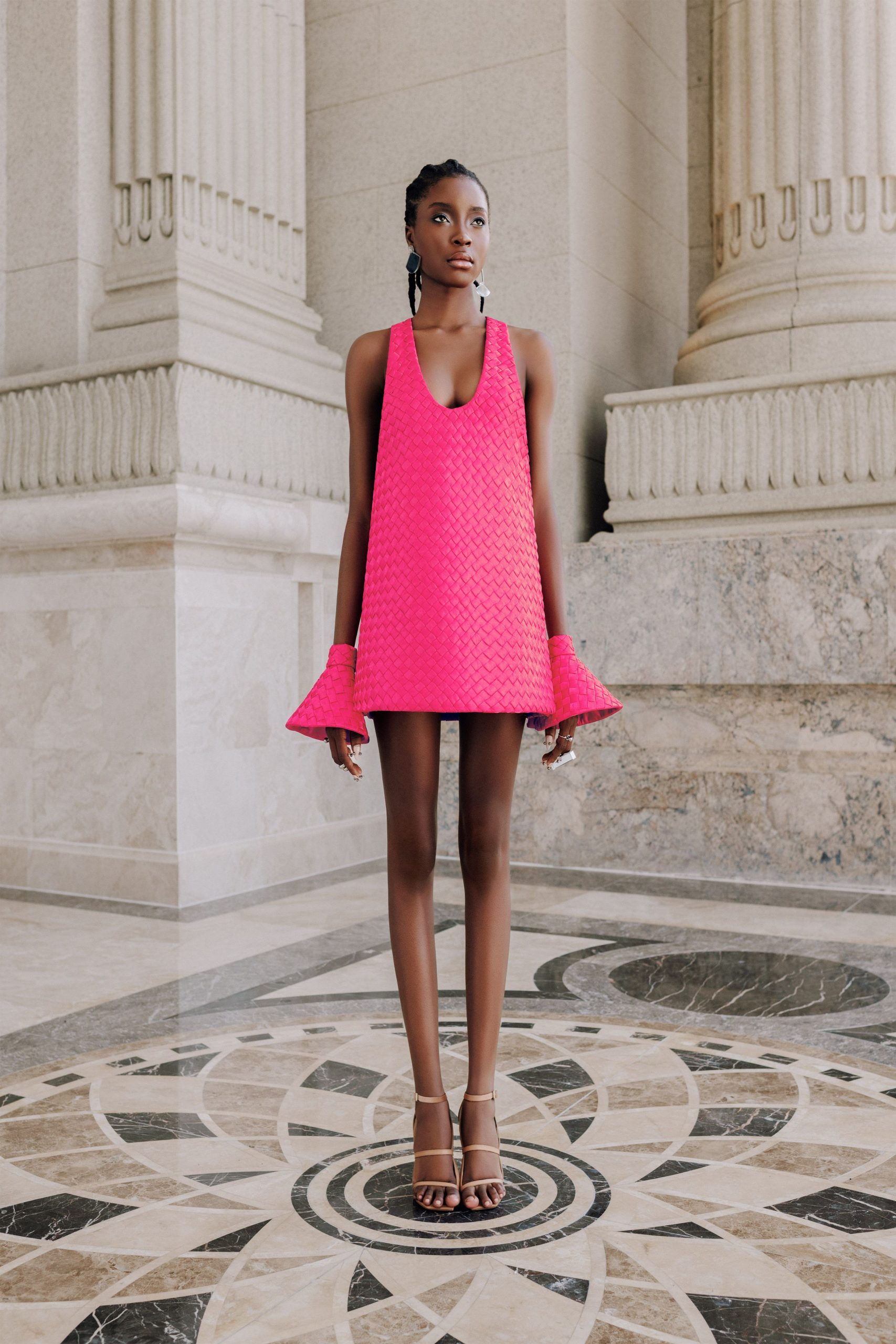 pink cotton sleeveless v-neck fitted pleated mini dress