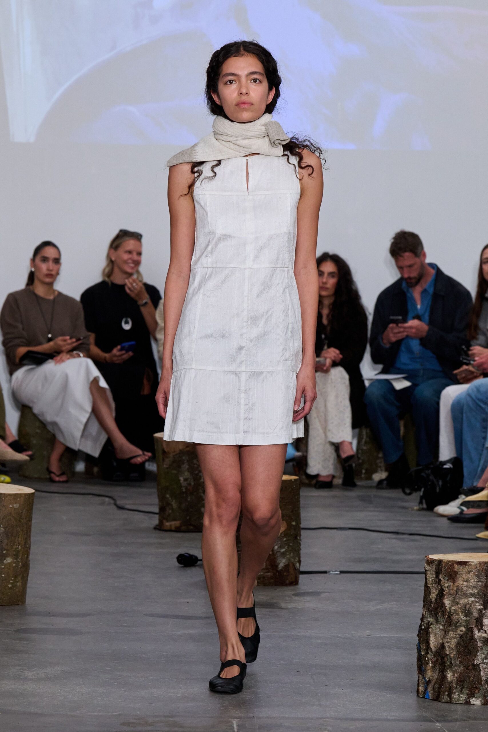 white fitted mini dress with scarf