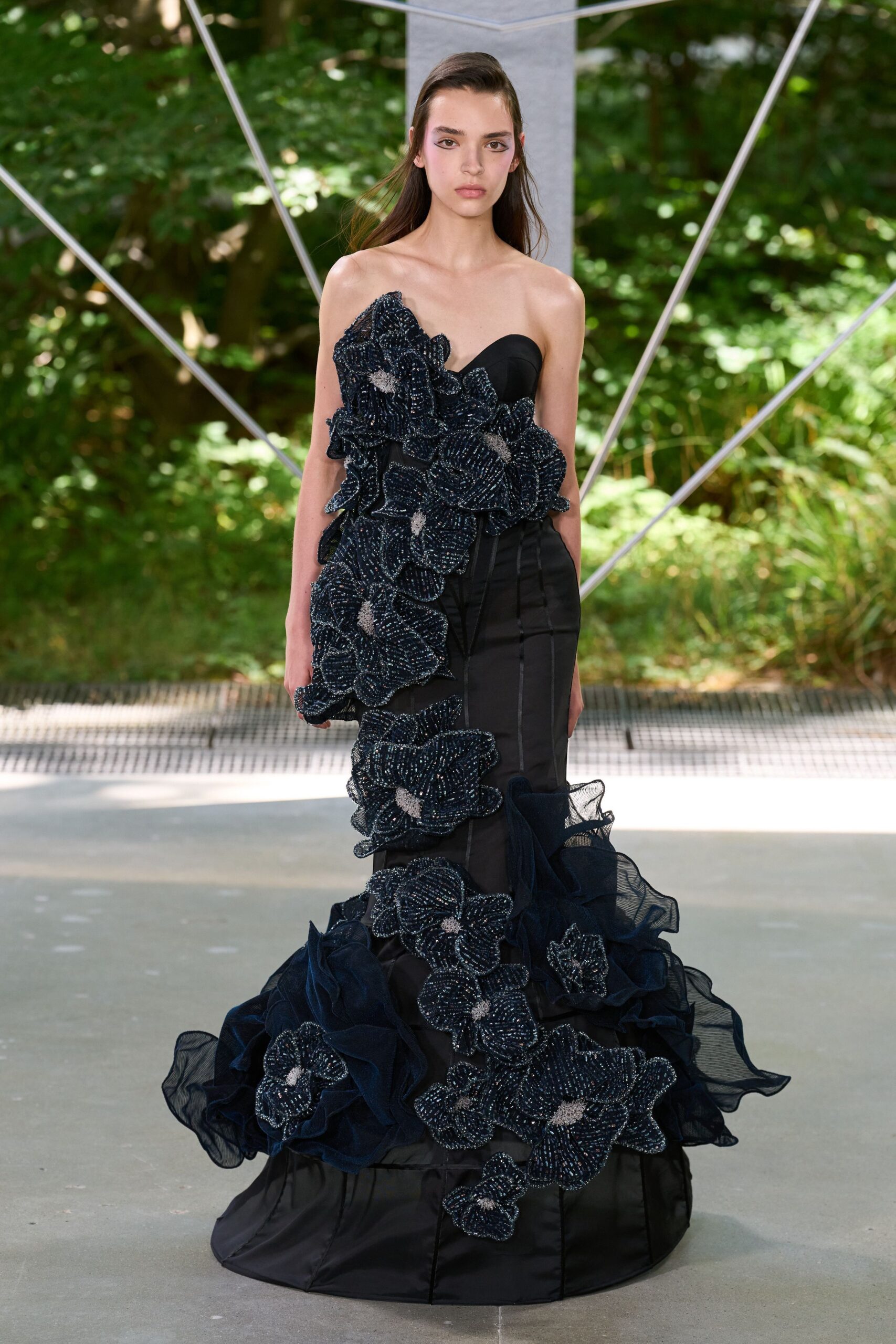 black strapless ruffled gown